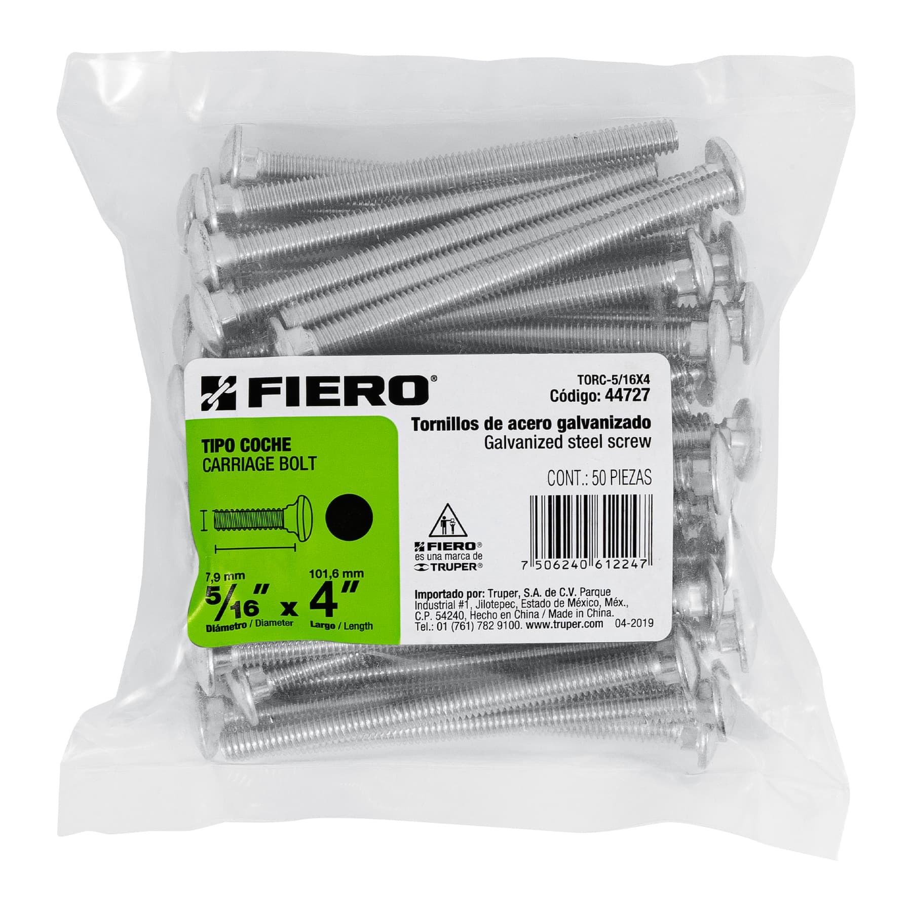 Bolsa con 50 tornillos 5/16" x 4" tipo coche, FIERO
