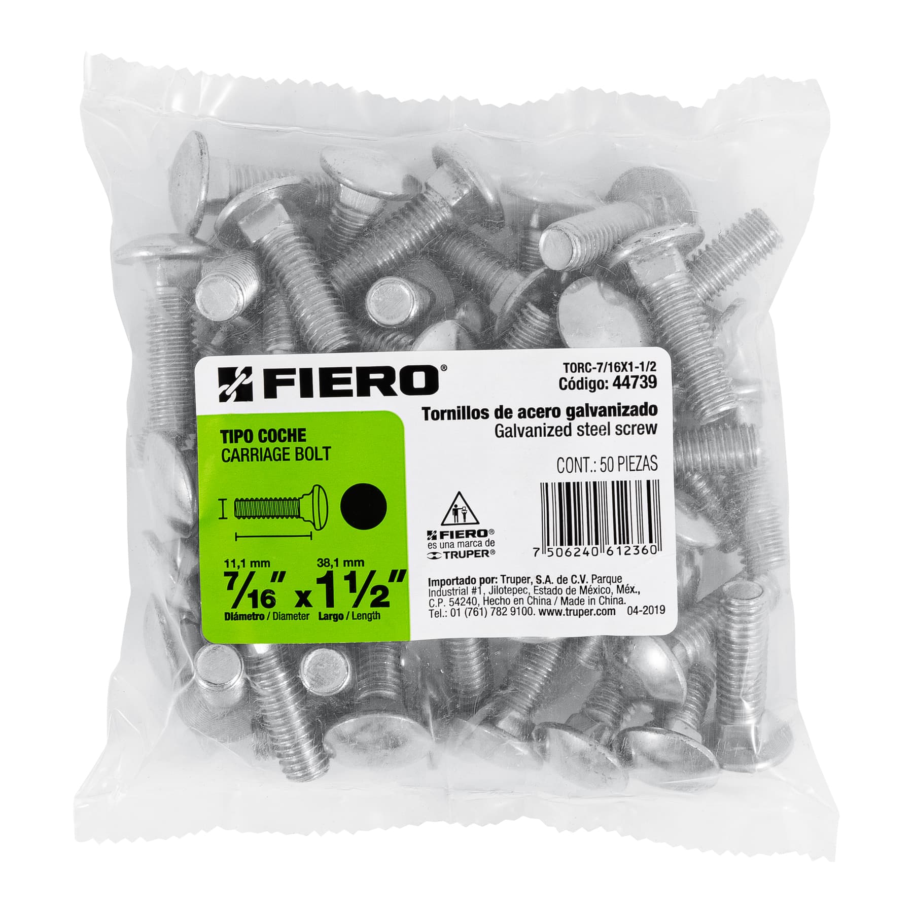 Bolsa con 50 tornillos 7/16" x 1-1/2" tipo coche, FIERO