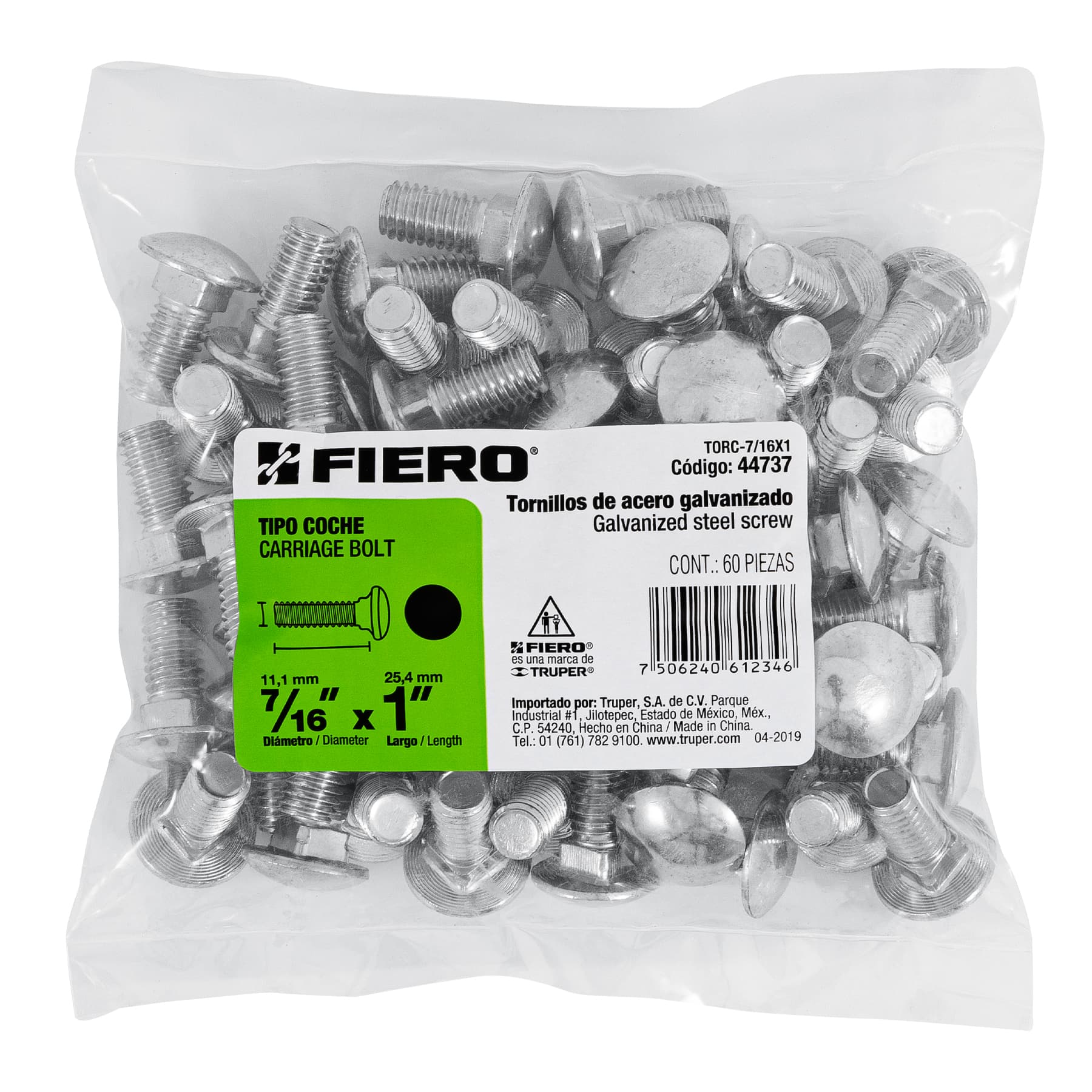 Bolsa con 60 tornillos 7/16" x 1" tipo coche, FIERO
