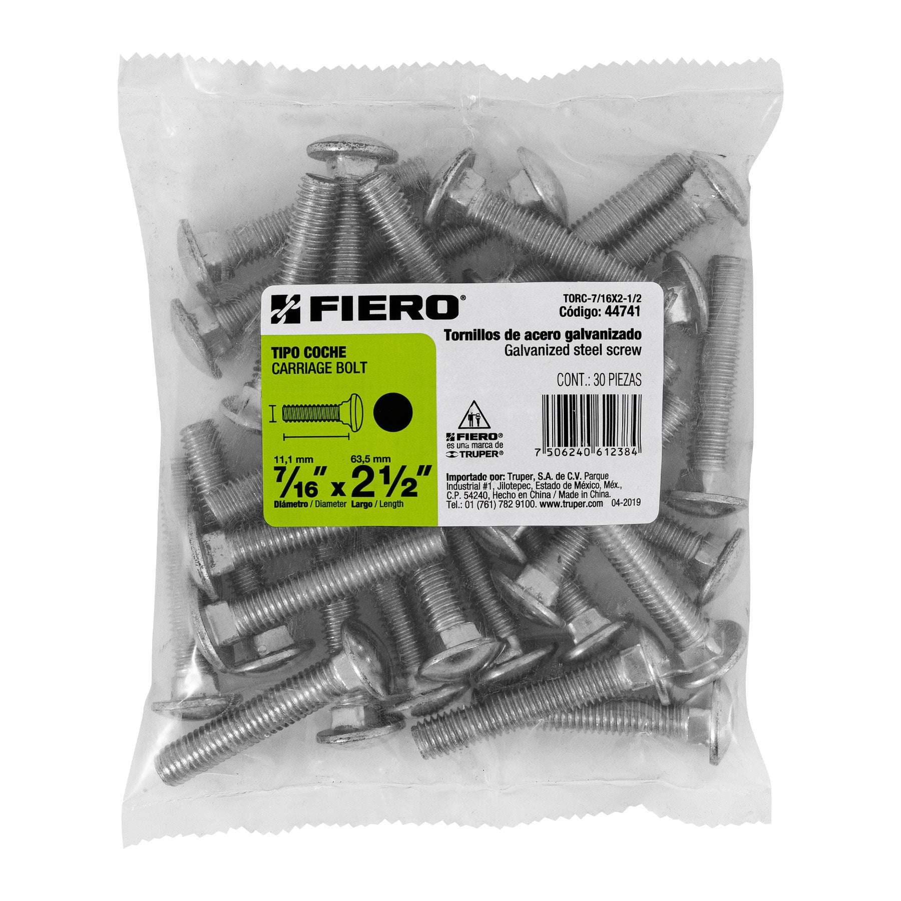 Bolsa con 30 tornillos 7/16" x 2-1/2" tipo coche, FIERO