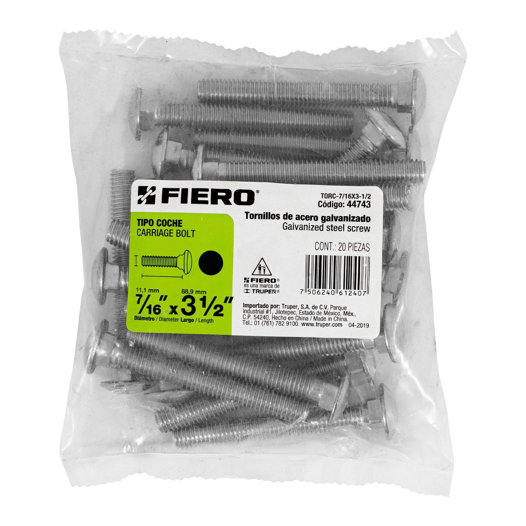 Bolsa con 20 tornillos 7/16" x 3-1/2" tipo coche, FIERO