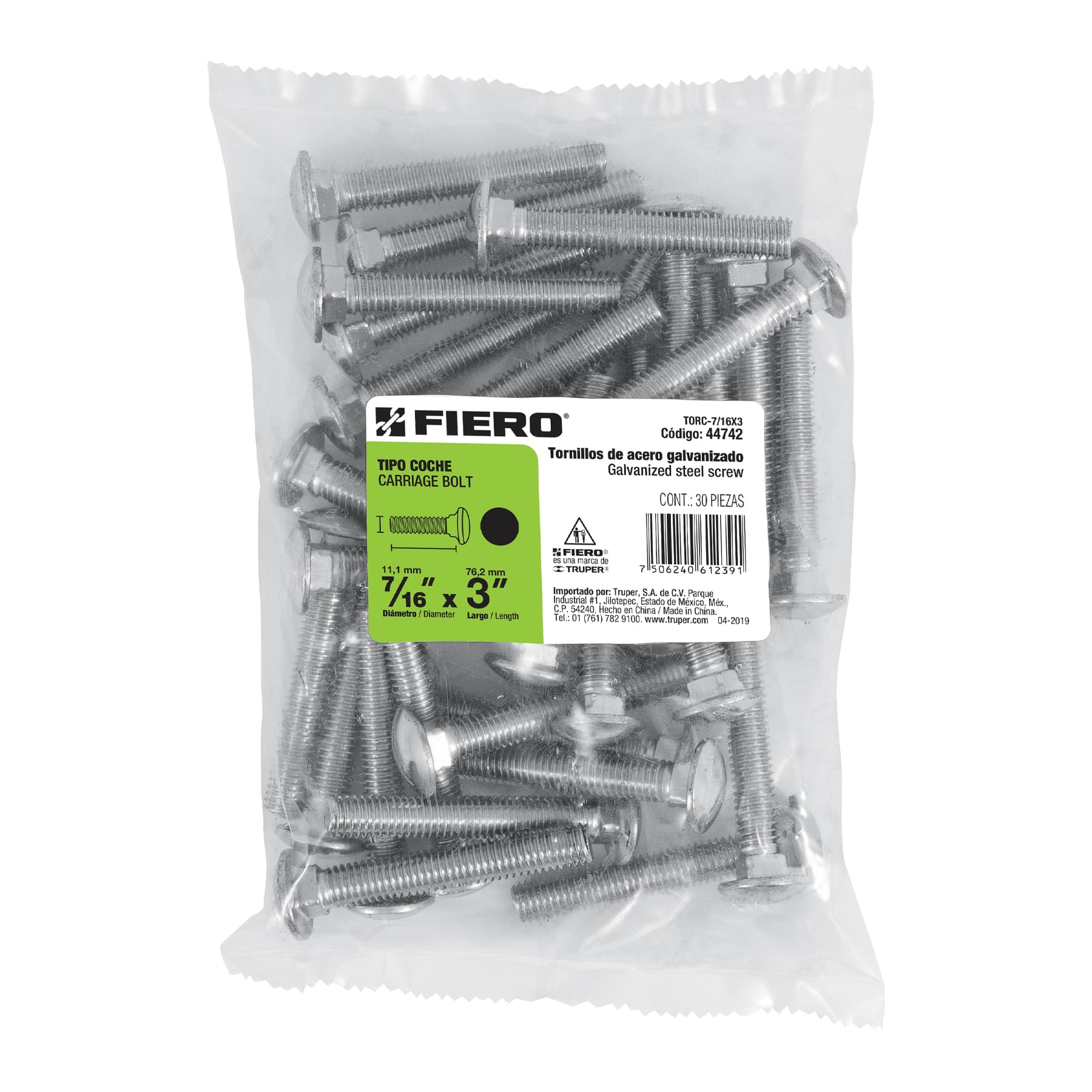 Bolsa con 30 tornillos 7/16" x 3" tipo coche, FIERO