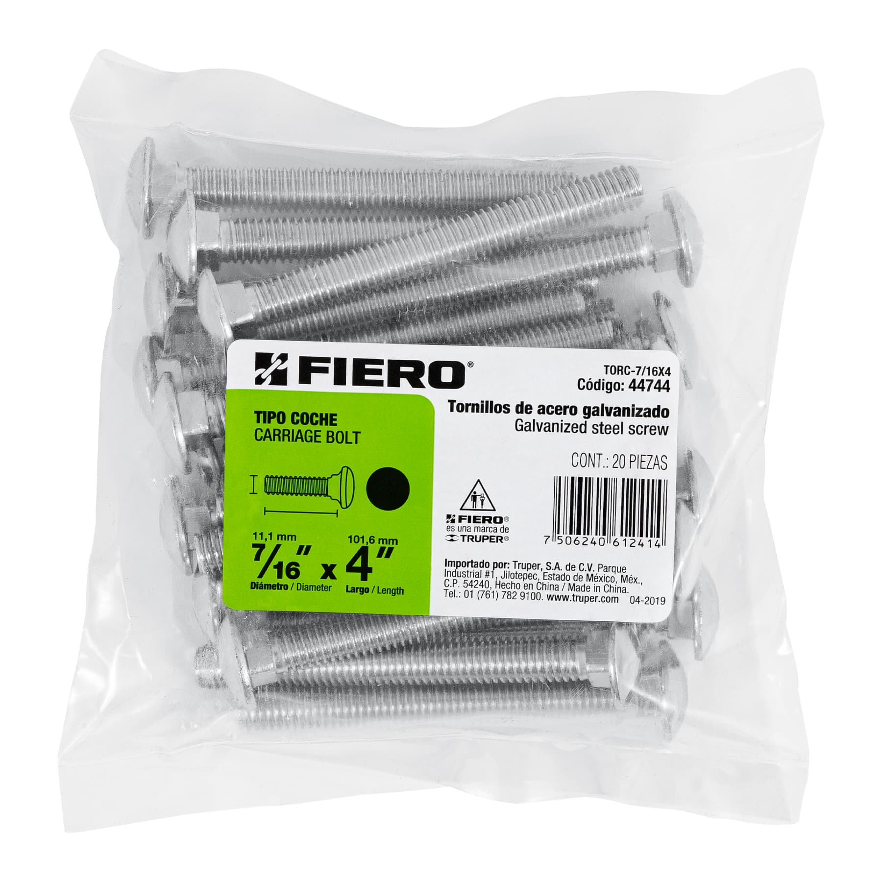 Bolsa con 20 tornillos 7/16" x 4" tipo coche, FIERO