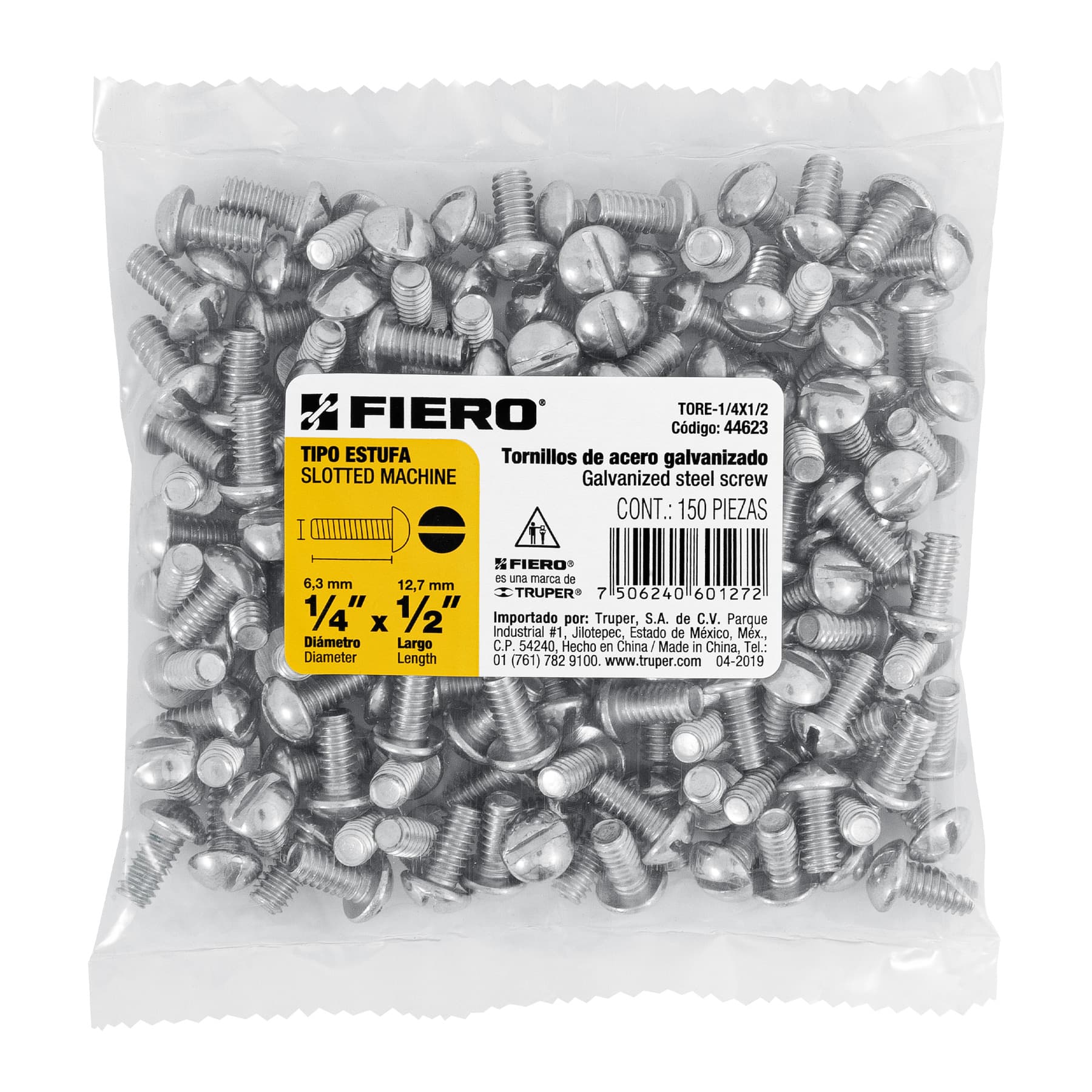 Bolsa con 150 tornillos 1/4" x 1/2" tipo estufa, FIERO