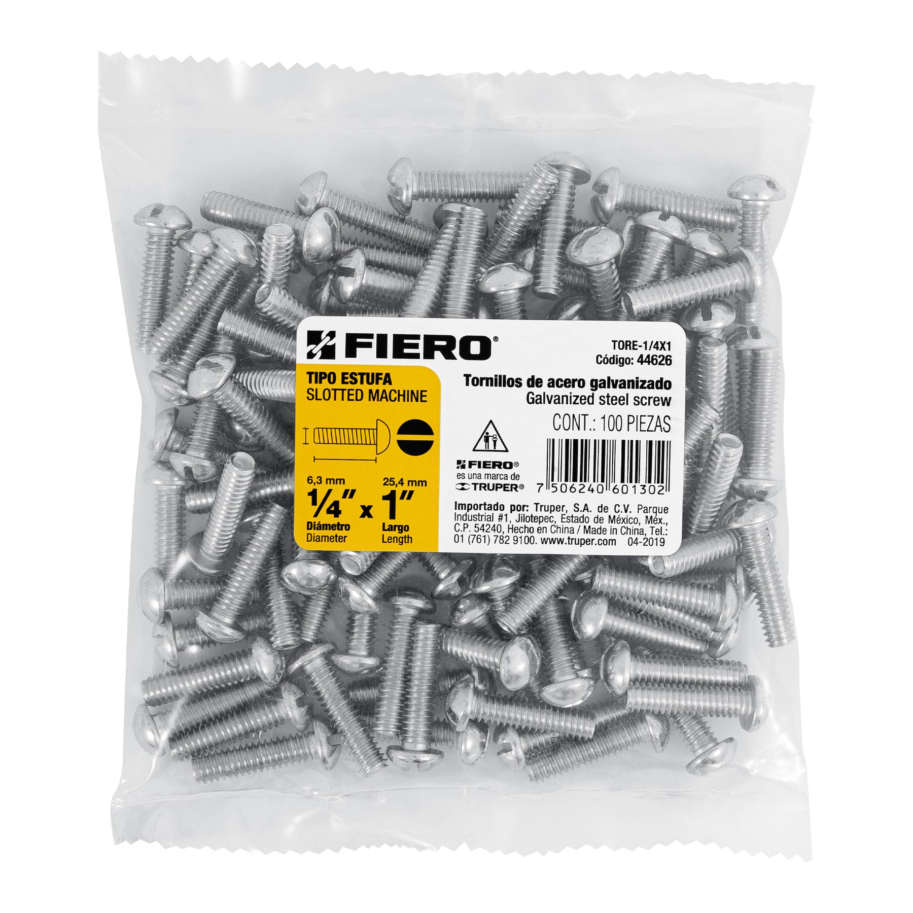 Bolsa con 100 tornillos 1/4" x 1" tipo estufa, FIERO