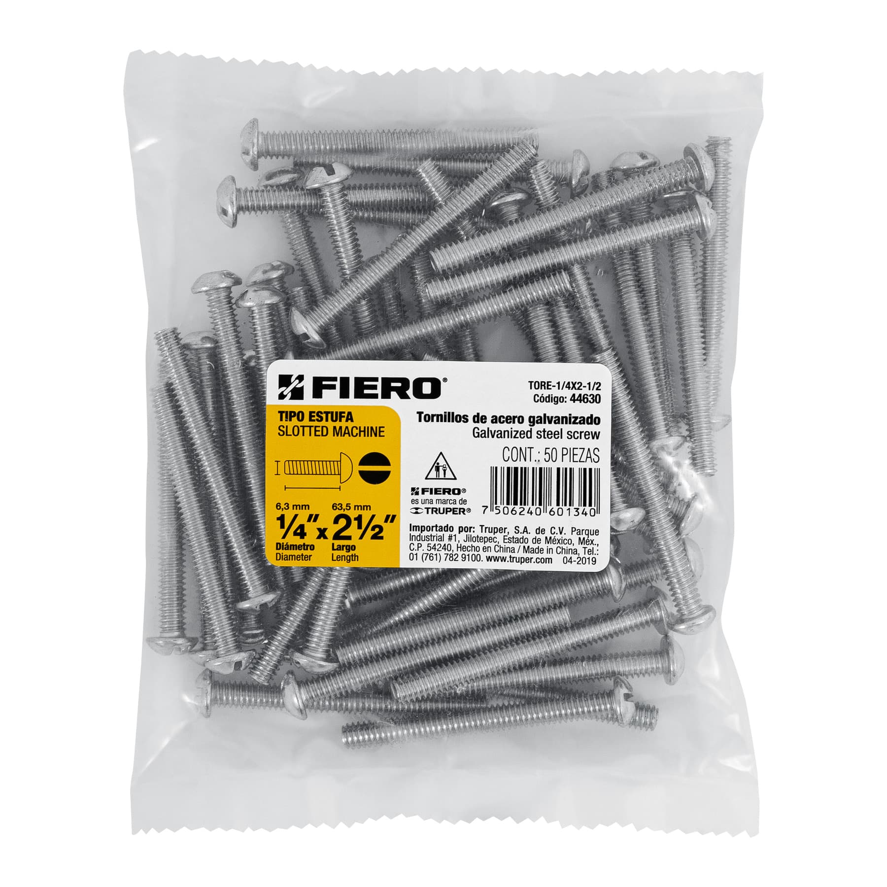 Bolsa con 50 tornillos 1/4" x 2-1/2" tipo estufa, FIERO