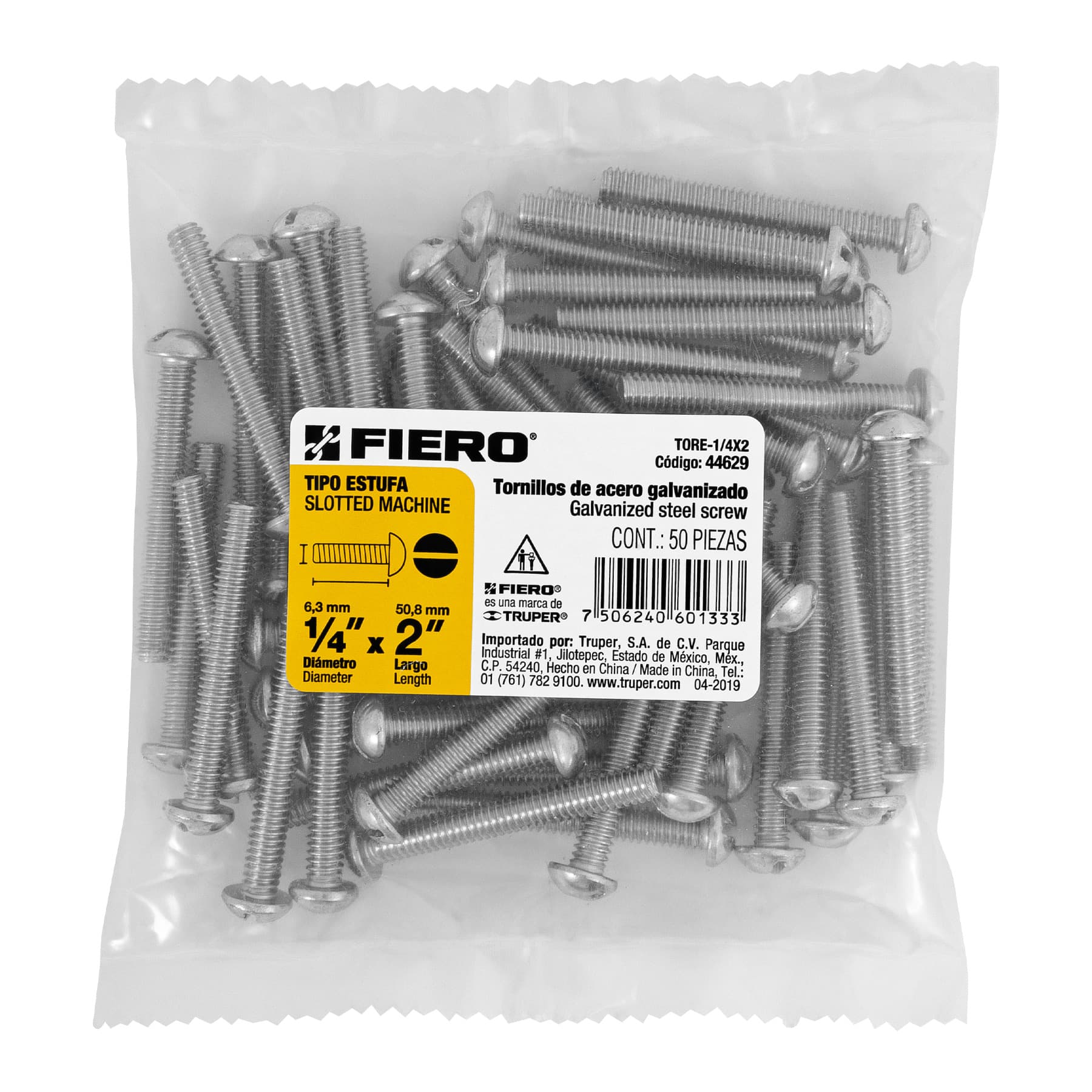 Bolsa con 50 tornillos 1/4" x 2" tipo estufa, FIERO