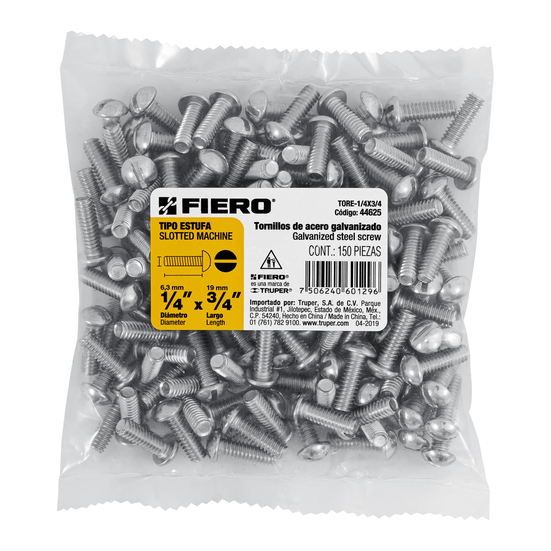 Bolsa con 150 tornillos 1/4" x 3/4" tipo estufa, FIERO