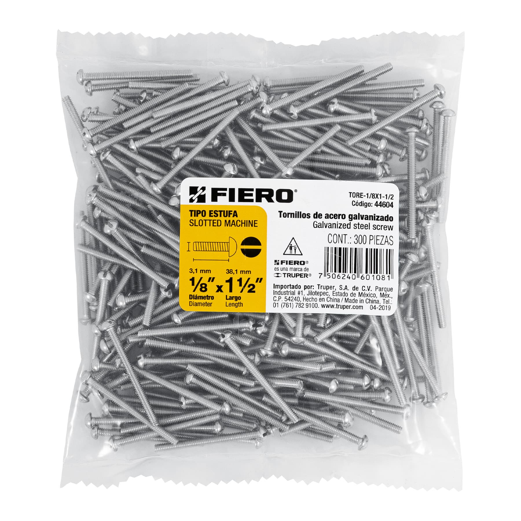 Bolsa con 300 tornillos 1/8" x 1-1/2" tipo estufa, FIERO