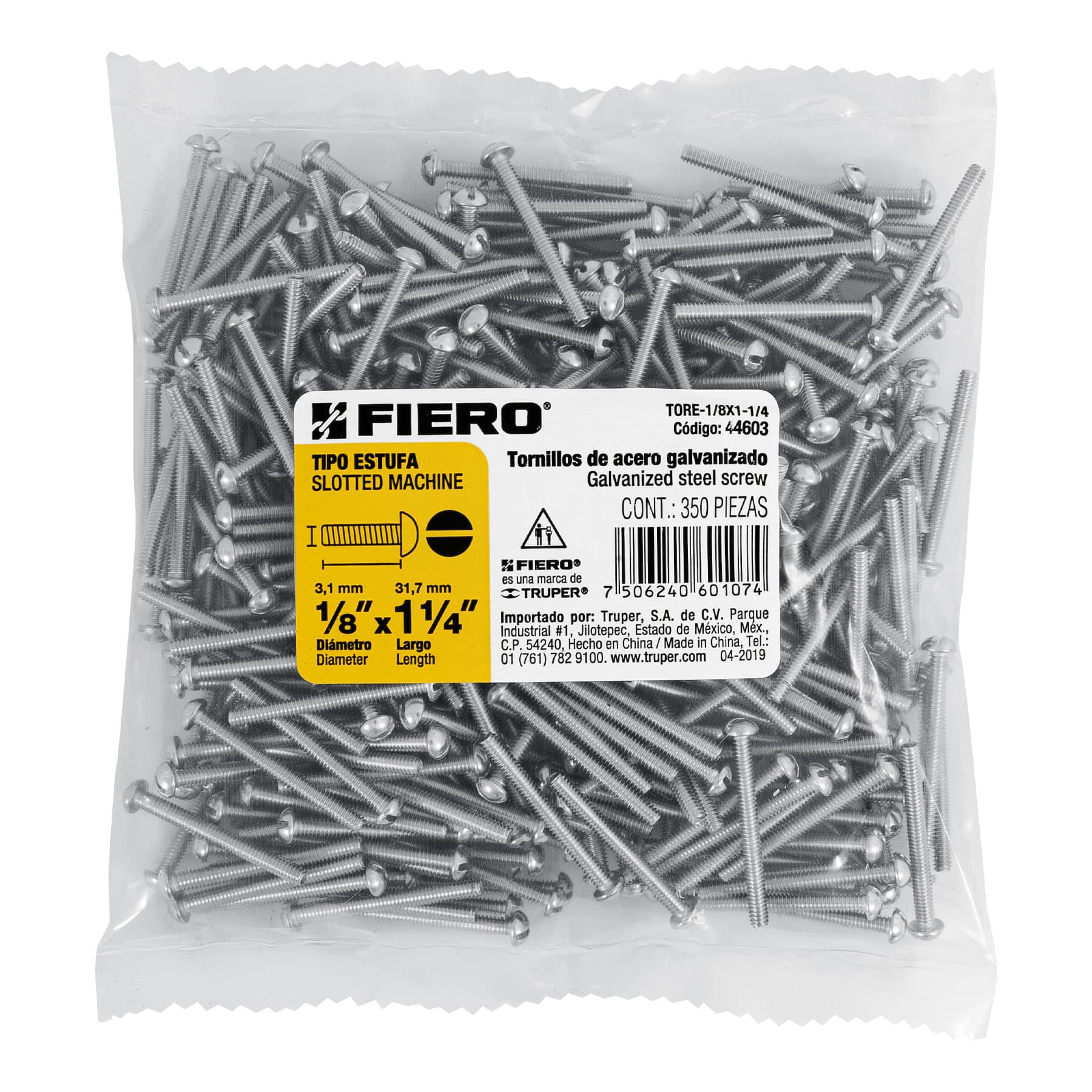 Bolsa con 350 tornillos 1/8" x 1-1/4" tipo estufa, FIERO