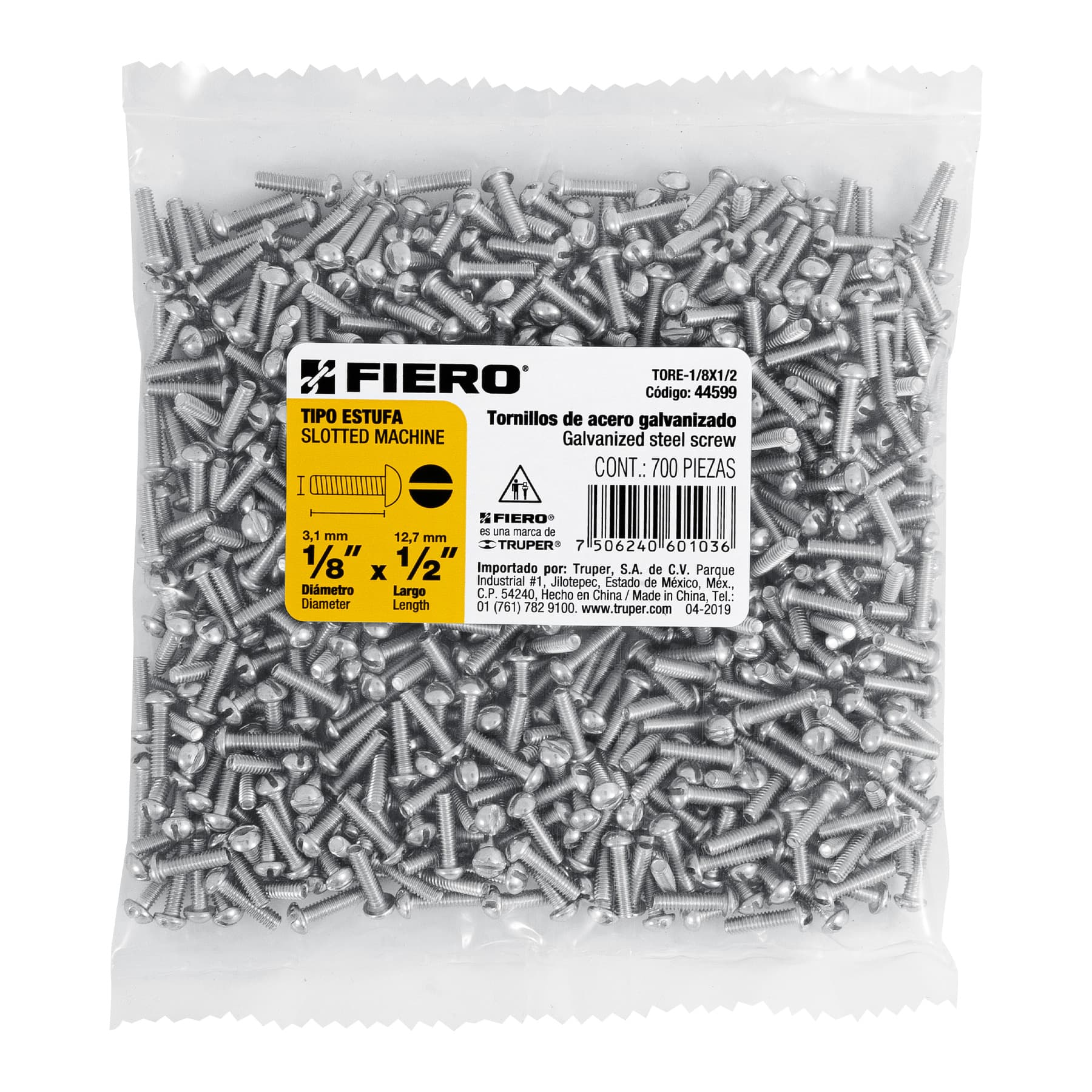 Bolsa con 700 tornillos 1/8" x 1/2" tipo estufa, FIERO