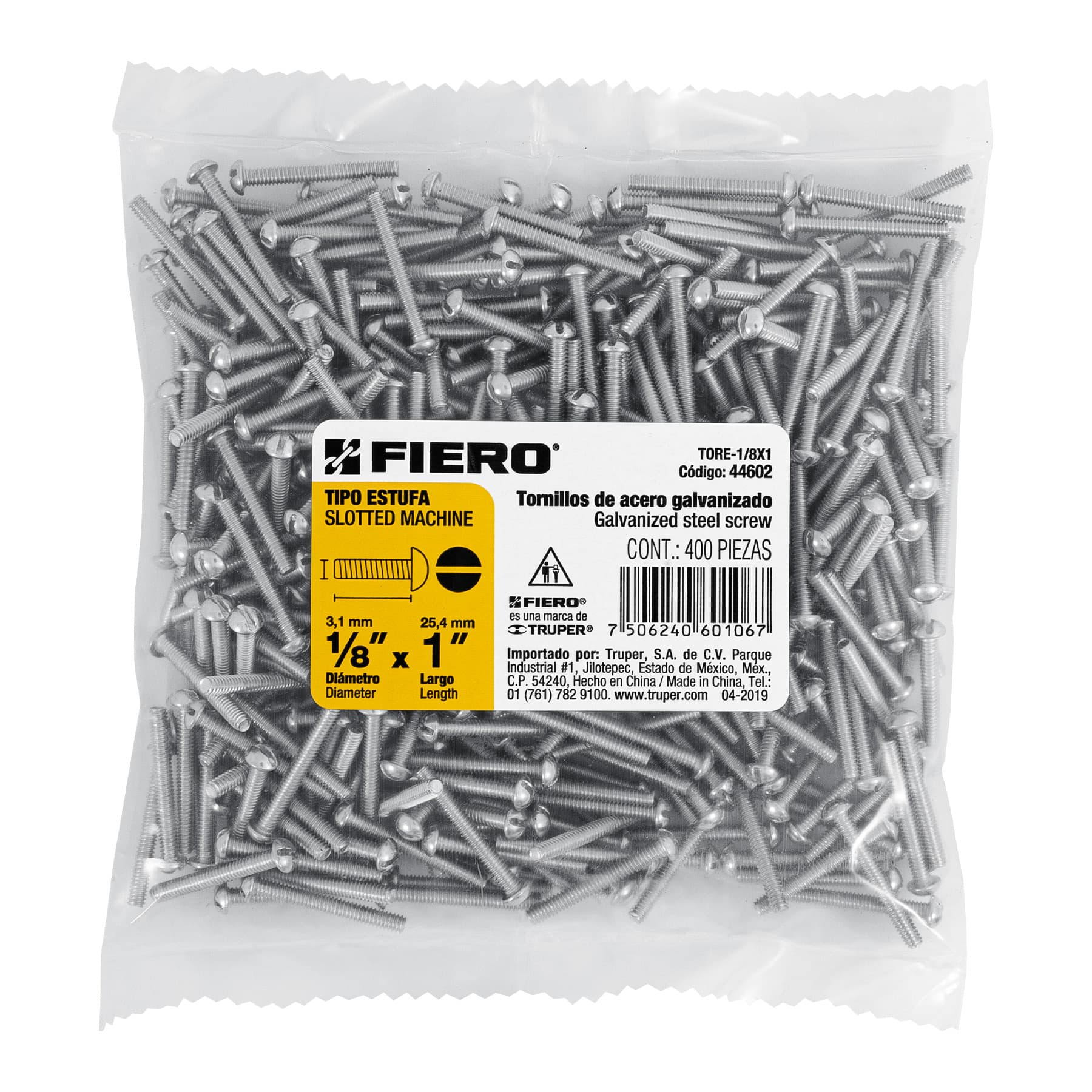 Bolsa con 400 tornillos 1/8" x 1" tipo estufa, FIERO