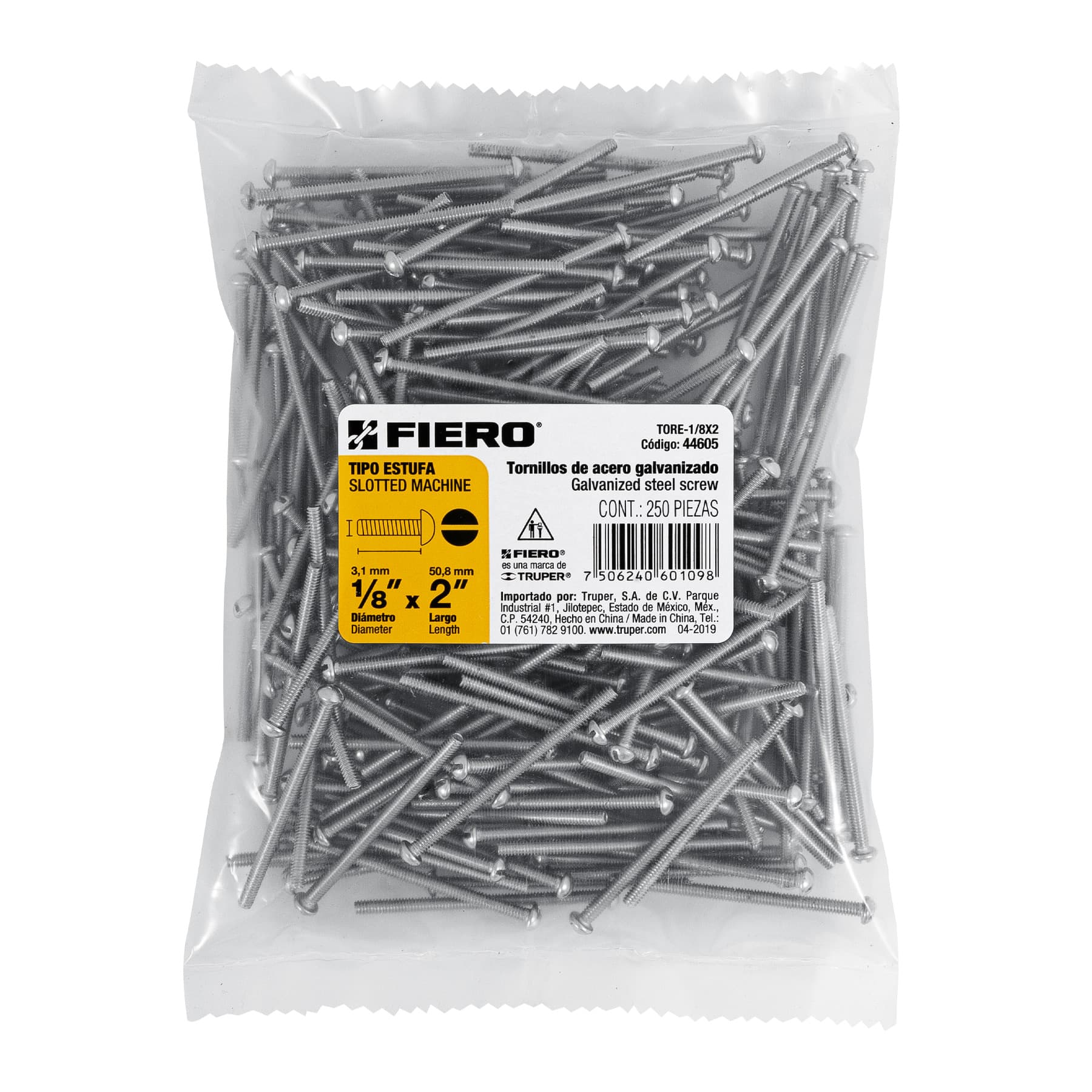 Bolsa con 250 tornillos 1/8" x 2" tipo estufa, FIERO