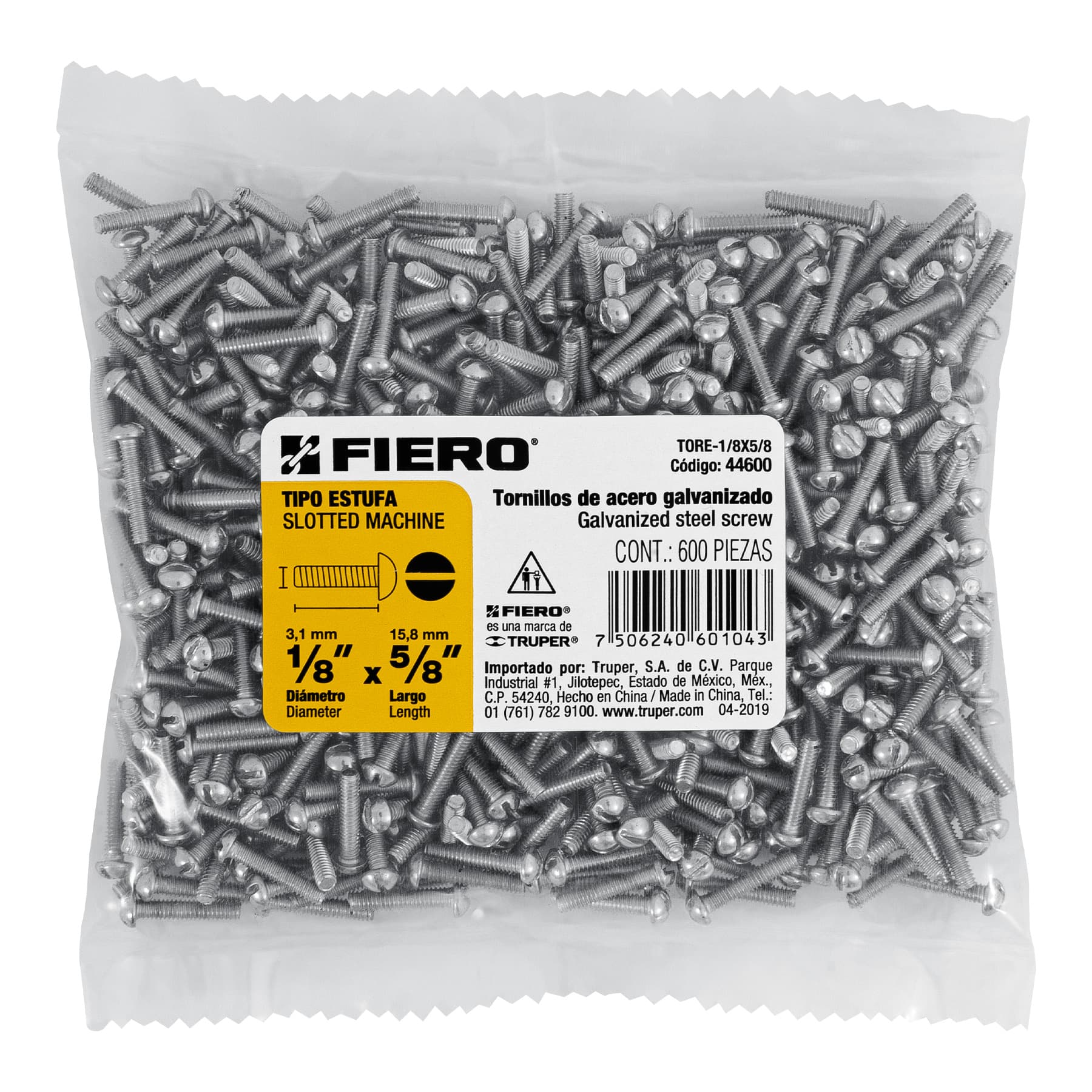 Bolsa con 600 tornillos 1/8" x 5/8" tipo estufa, FIERO