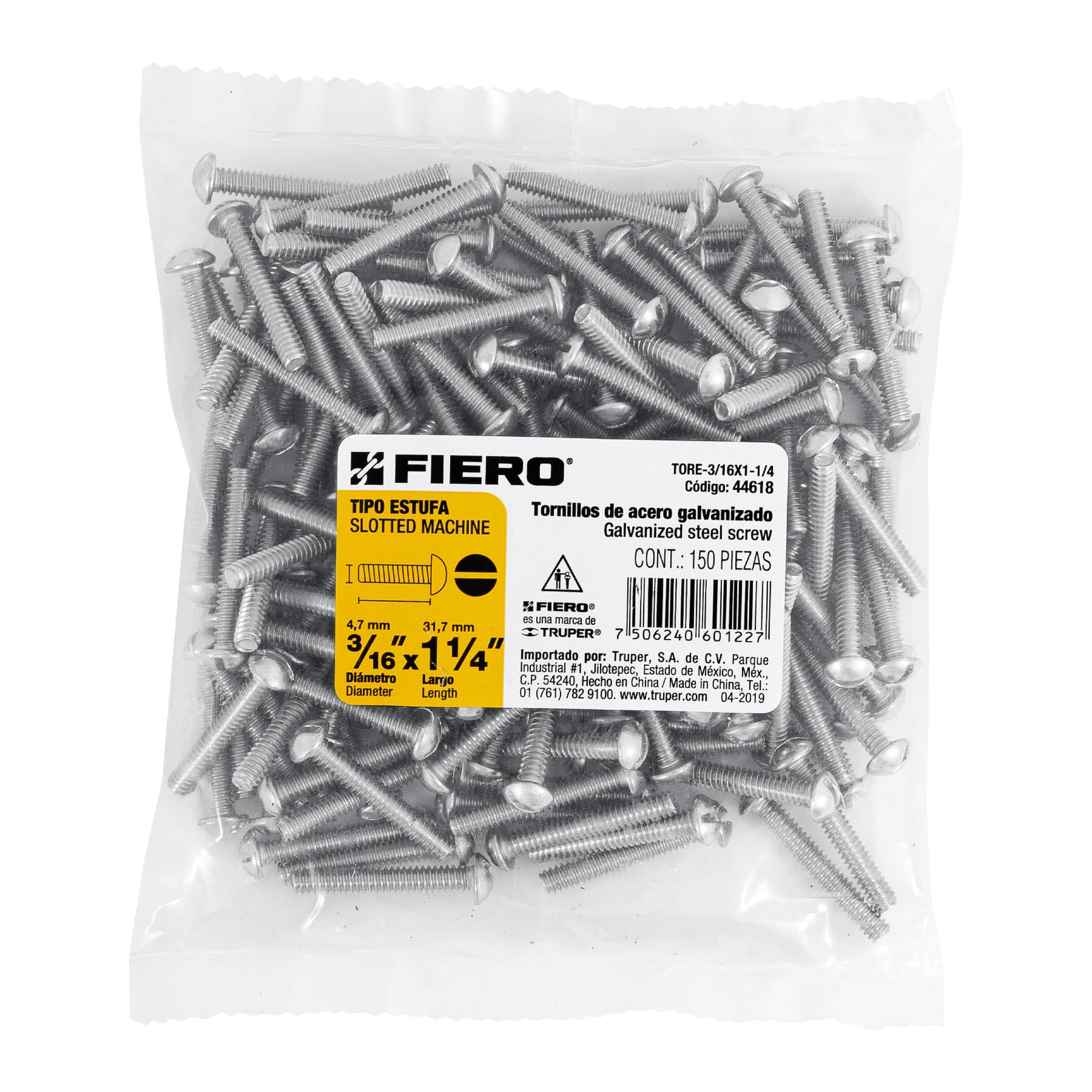 Bolsa con 150 tornillos 3/16" x 1-1/4" tipo estufa, FIERO
