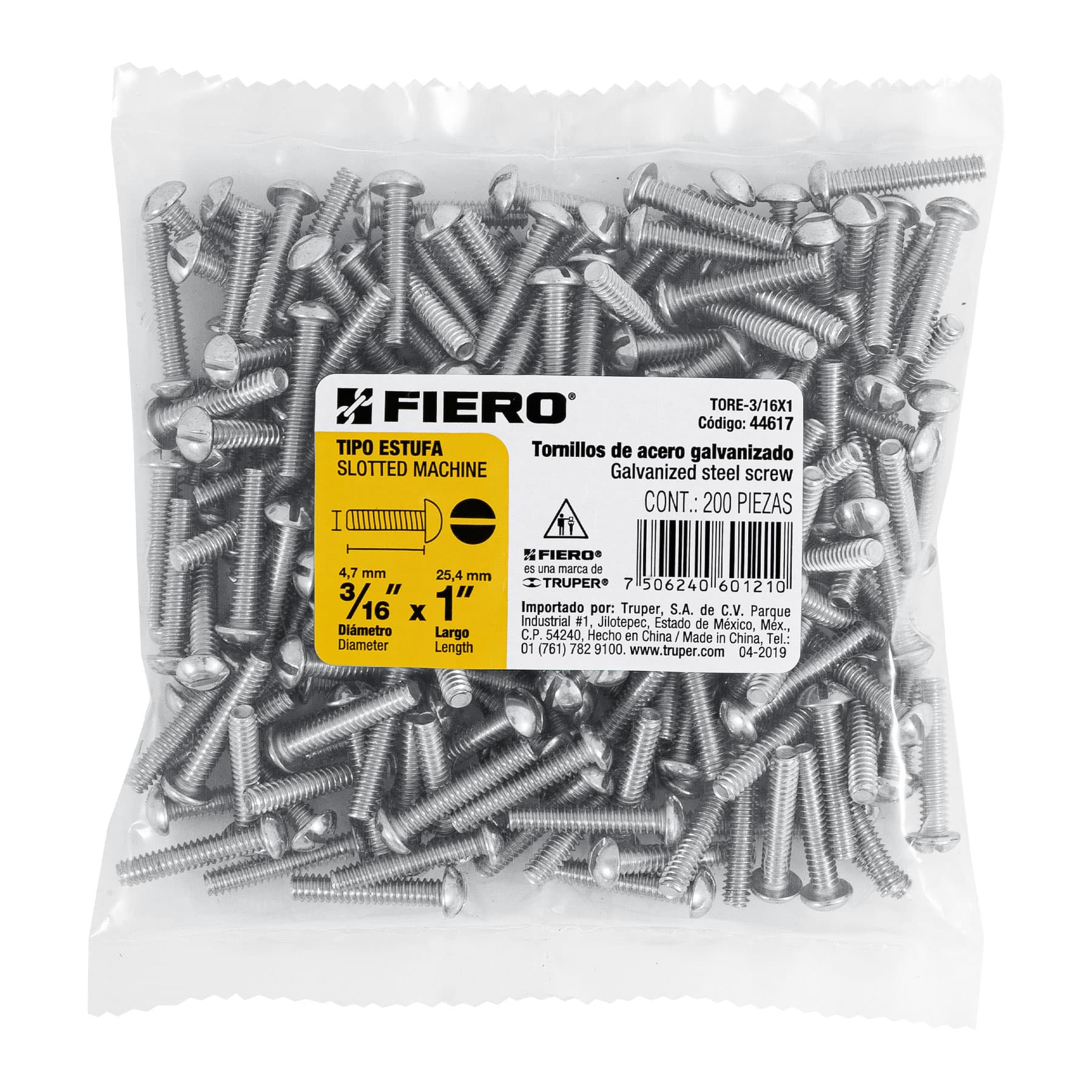 Bolsa con 200 tornillos 3/16" x 1" tipo estufa, FIERO