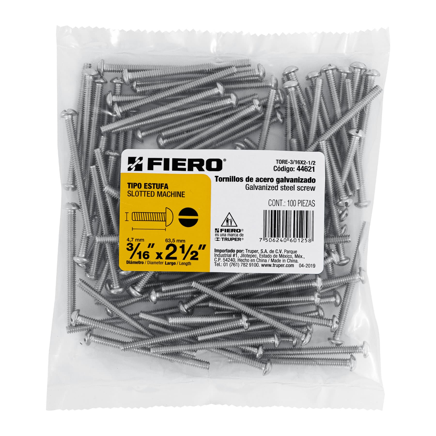 Bolsa con 100 tornillos 3/16" x 2-1/2" tipo estufa, FIERO