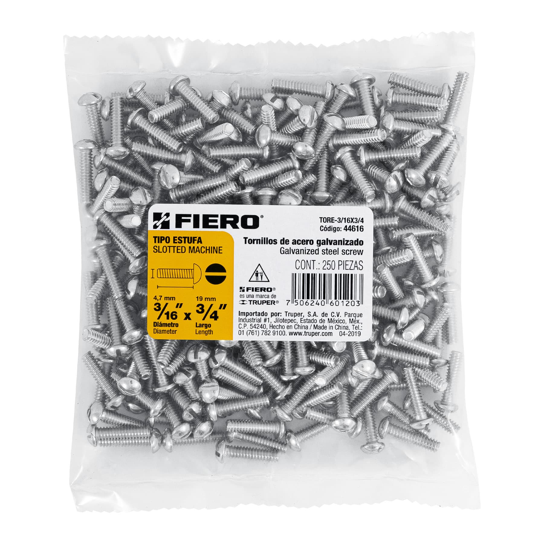 Bolsa con 250 tornillos 3/16" x 3/4" tipo estufa, FIERO