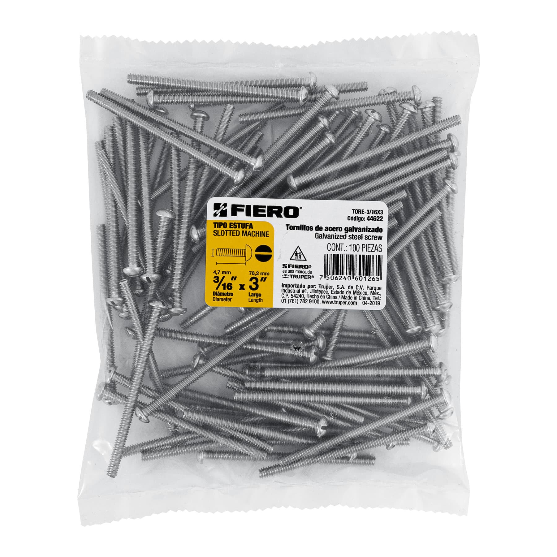 Bolsa con 100 tornillos 3/16" x 3" tipo estufa, FIERO