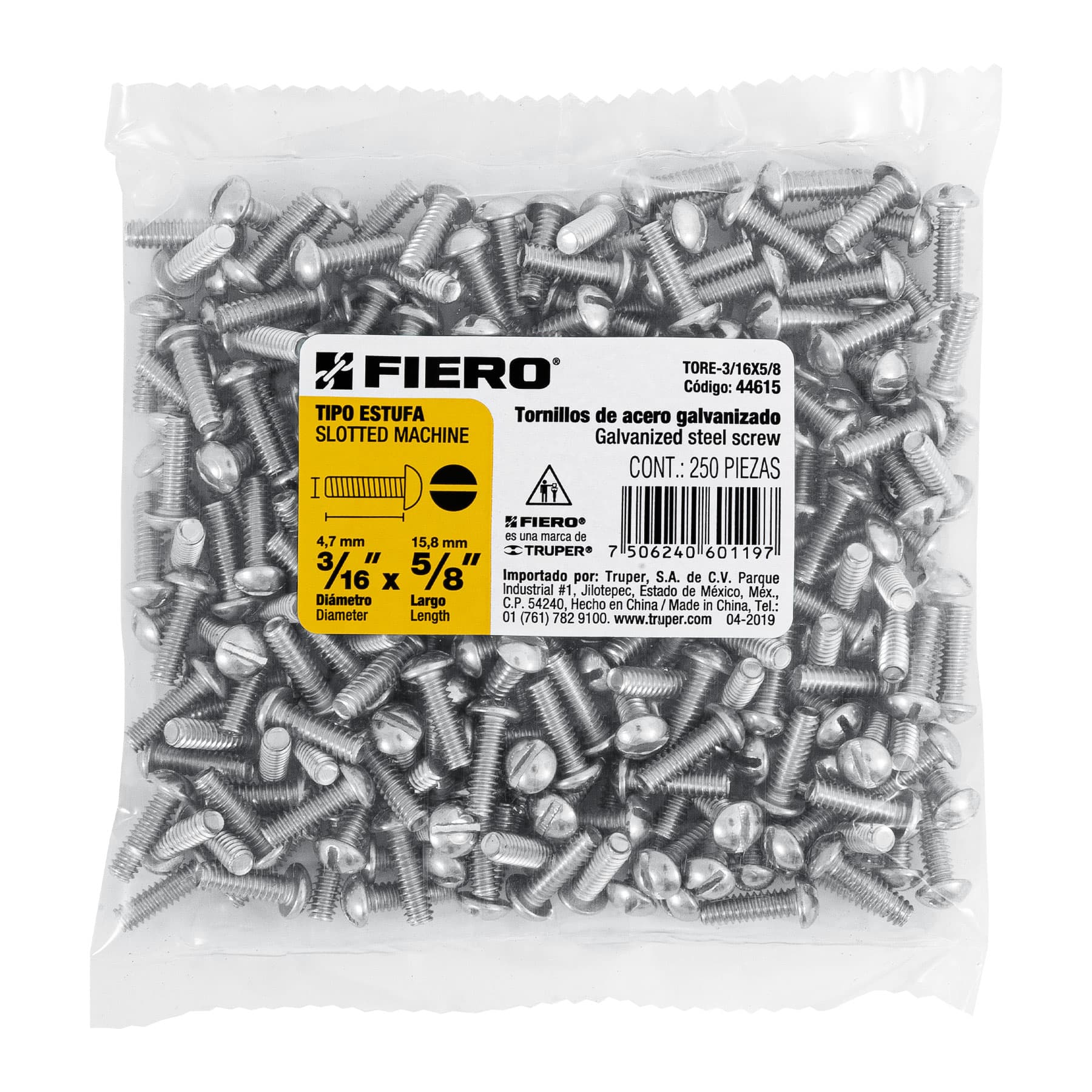 Bolsa con 250 tornillos 3/16" x 5/8" tipo estufa, FIERO