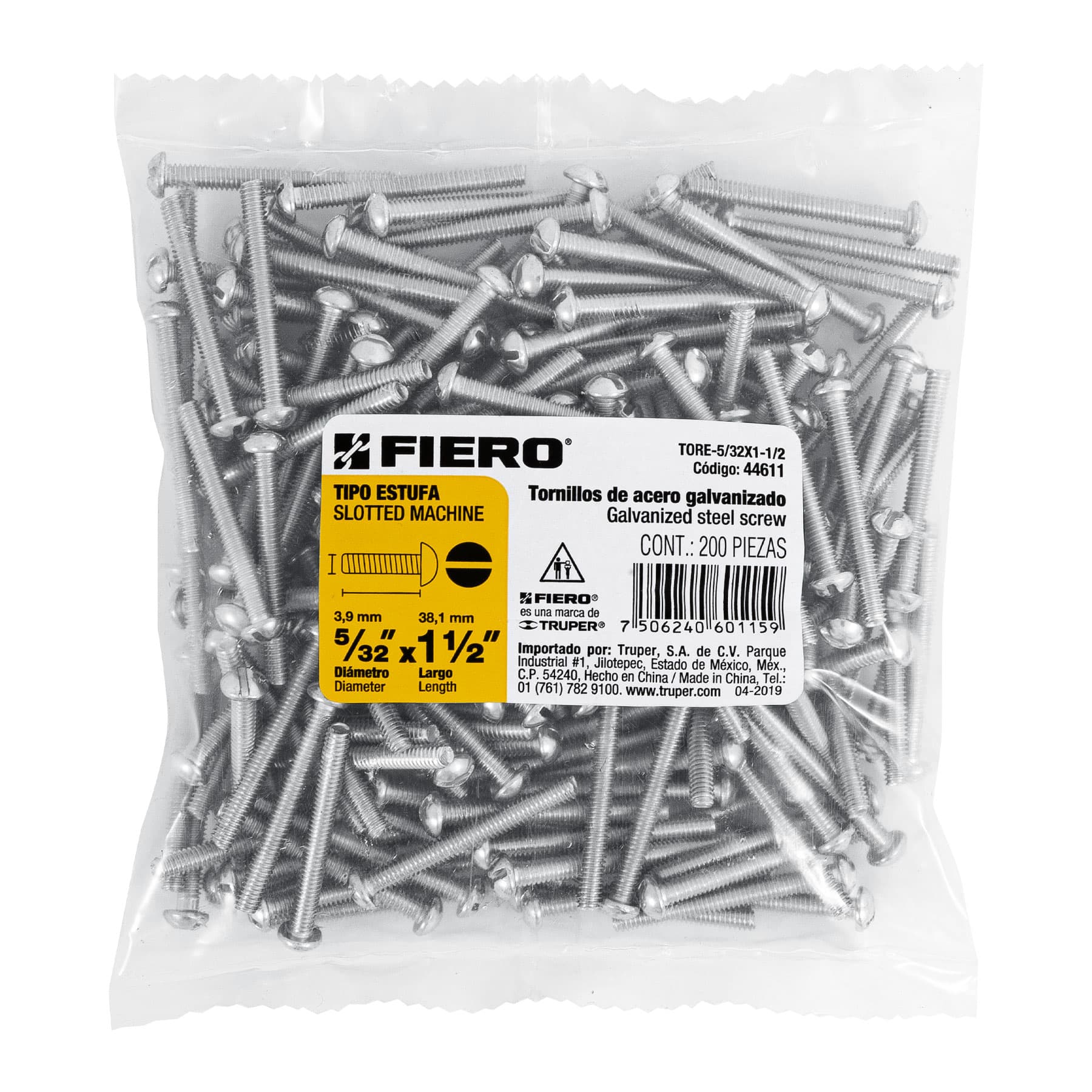Bolsa con 200 tornillos 5/32" x 1-1/2" tipo estufa, FIERO
