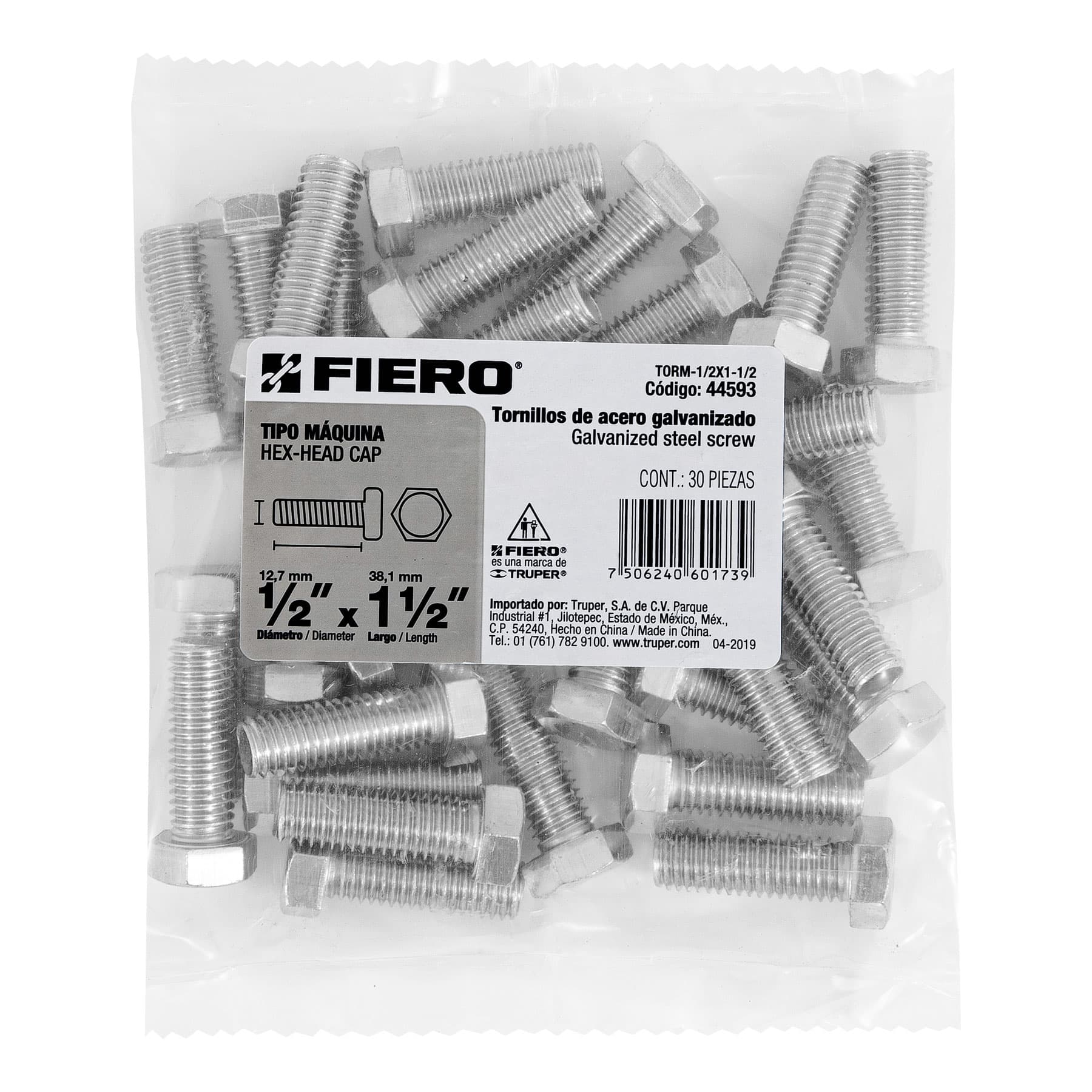 Bolsa con 30 tornillos 1/2" x 1-1/2" tipo máquina, FIERO