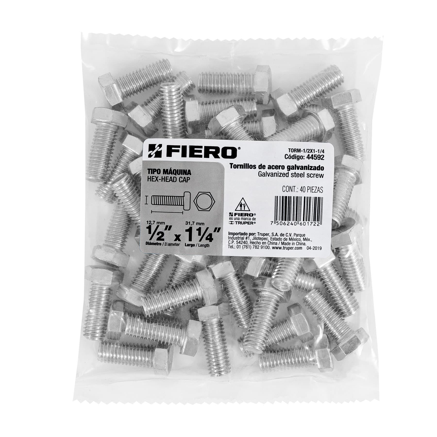 Bolsa con 40 tornillos 1/2" x 1-1/4" tipo máquina, FIERO