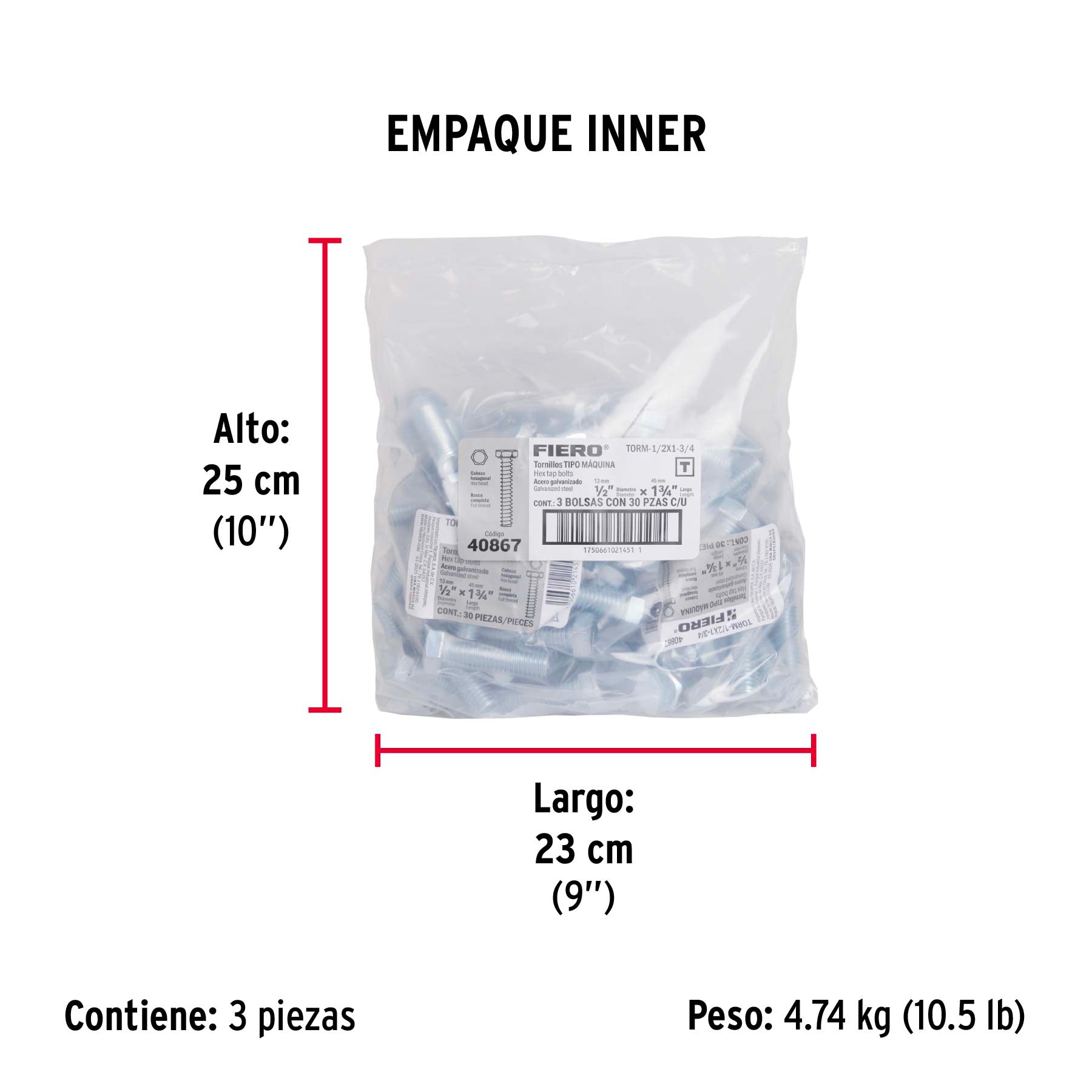Bolsa con 30 tornillos 1/2" x 1-3/4" tipo máquina, FIERO - Empaque