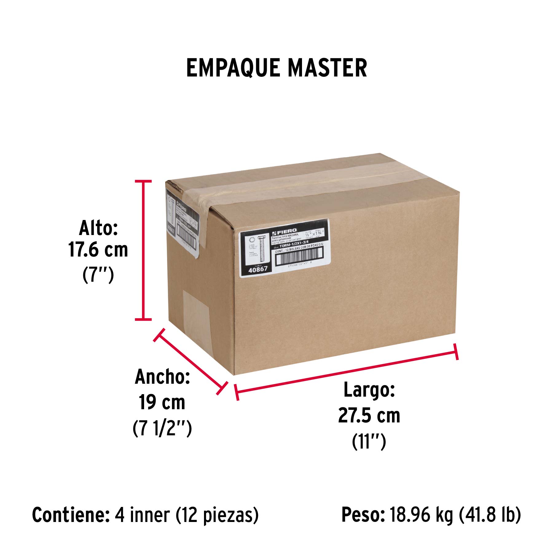 Bolsa con 30 tornillos 1/2" x 1-3/4" tipo máquina, FIERO - Empaque