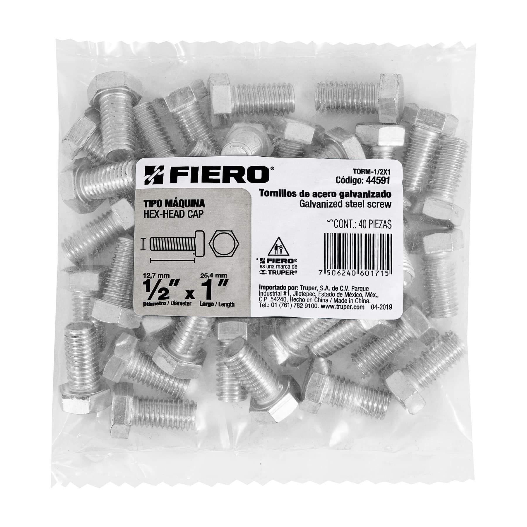 Bolsa con 40 tornillos 1/2" x 1" tipo máquina, FIERO