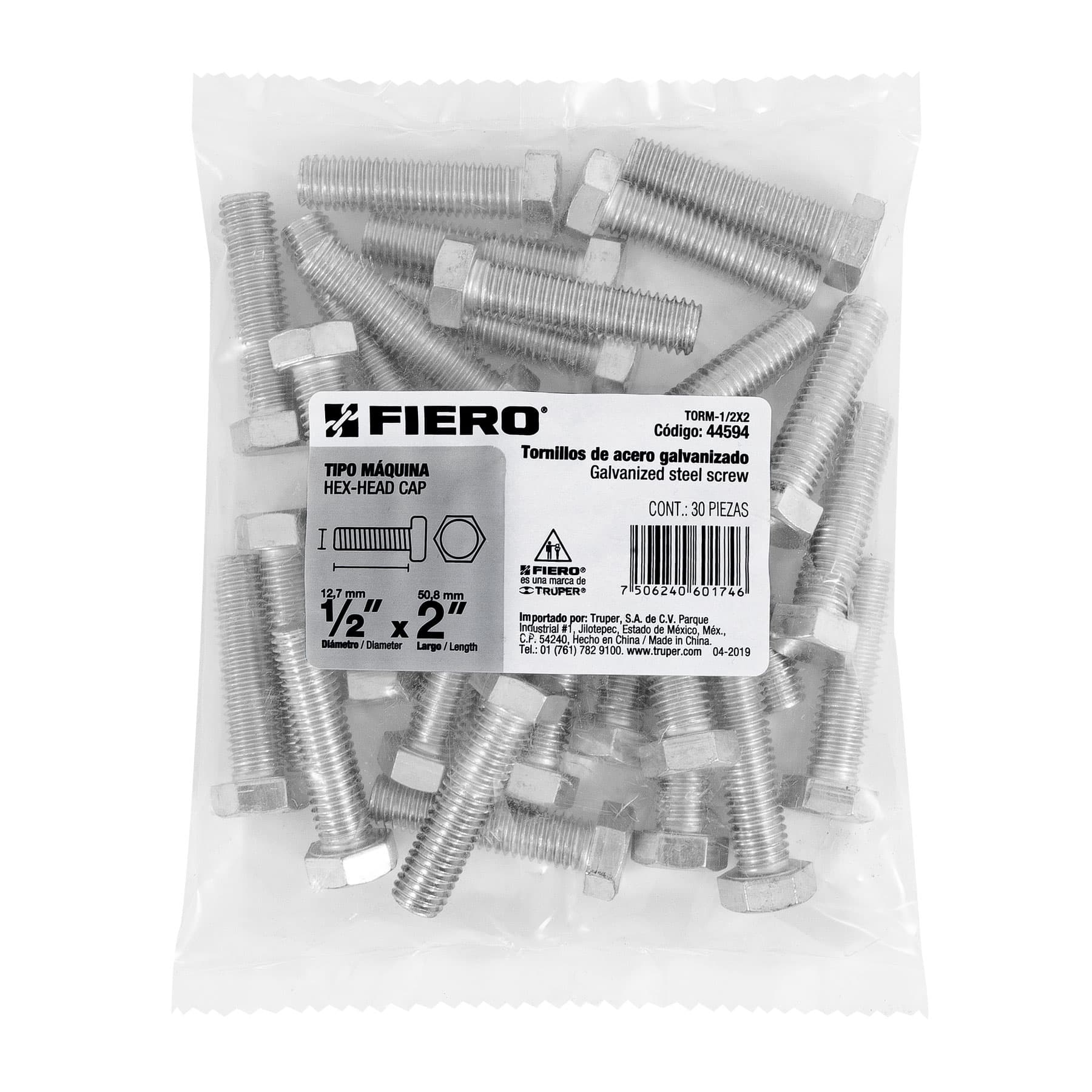 Bolsa con 30 tornillos 1/2" x 2" tipo máquina, FIERO