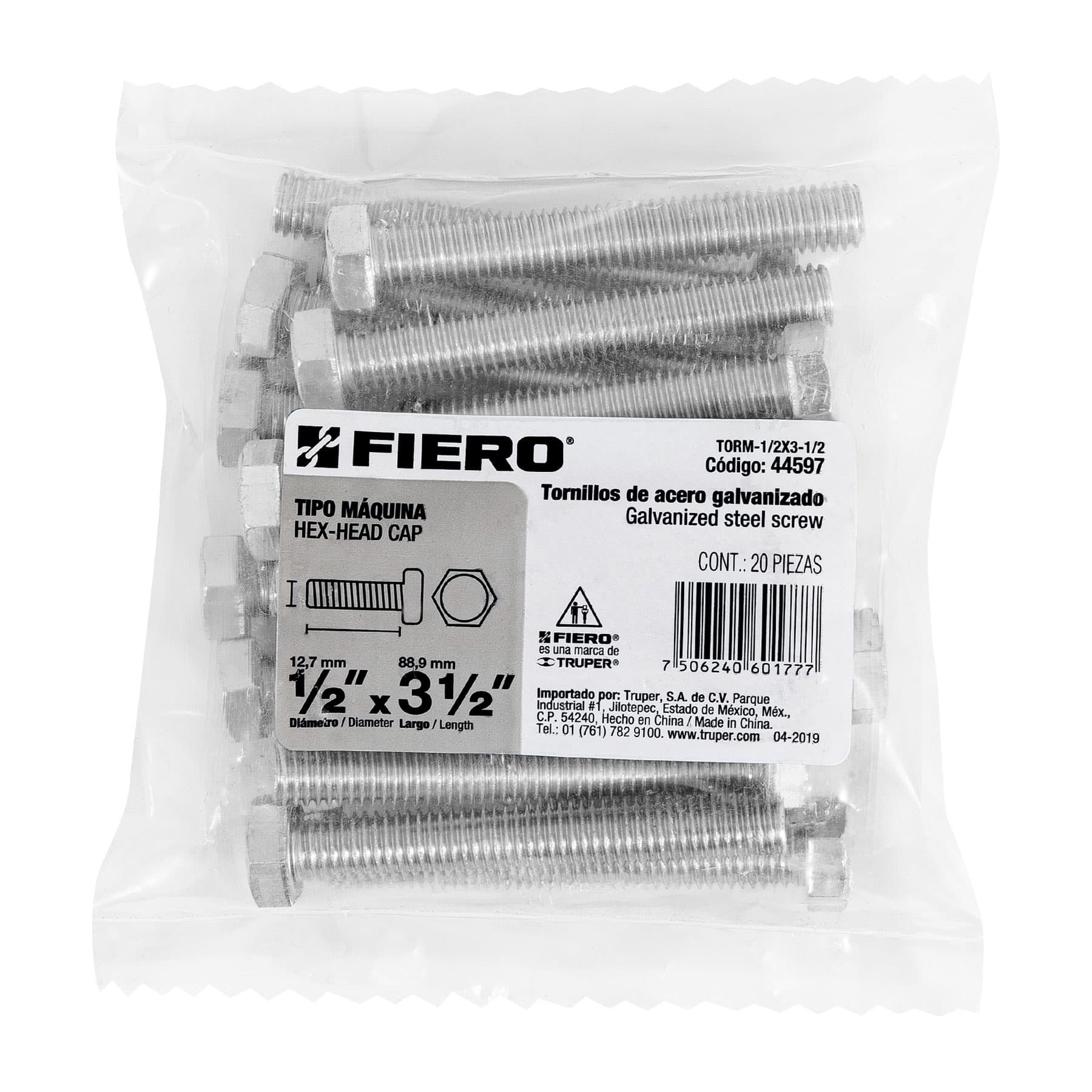 Bolsa con 20 tornillos 1/2" x 3-1/2" tipo máquina, FIERO