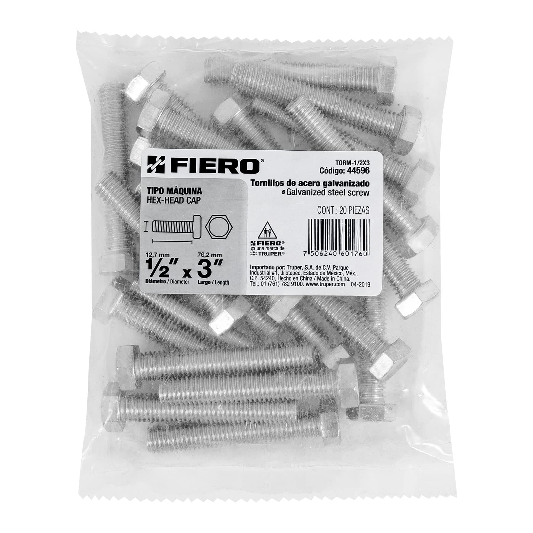 Bolsa con 20 tornillos 1/2" x 3" tipo máquina, FIERO