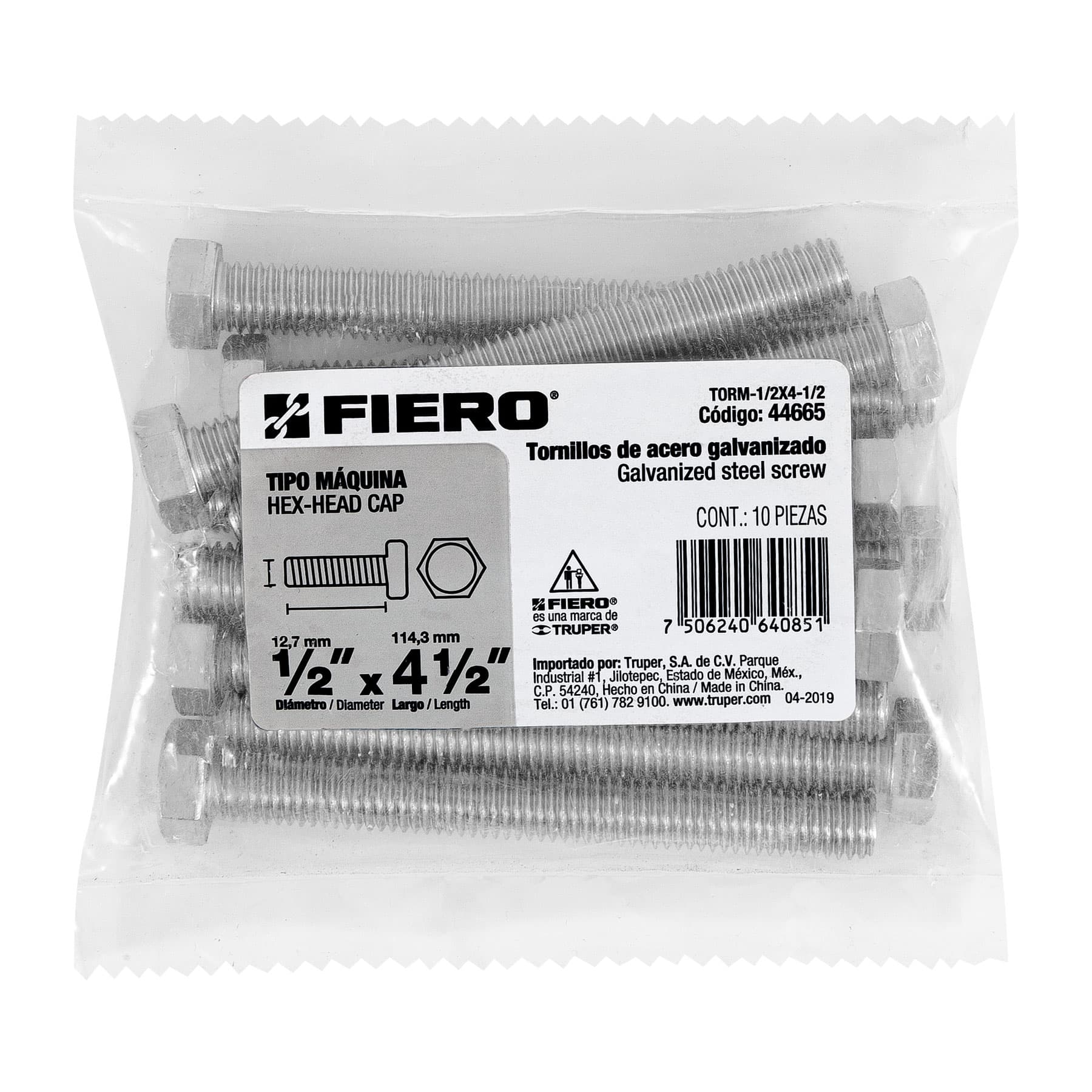 Bolsa con 10 tornillos 1/2" x 4-1/2" tipo máquina, FIERO
