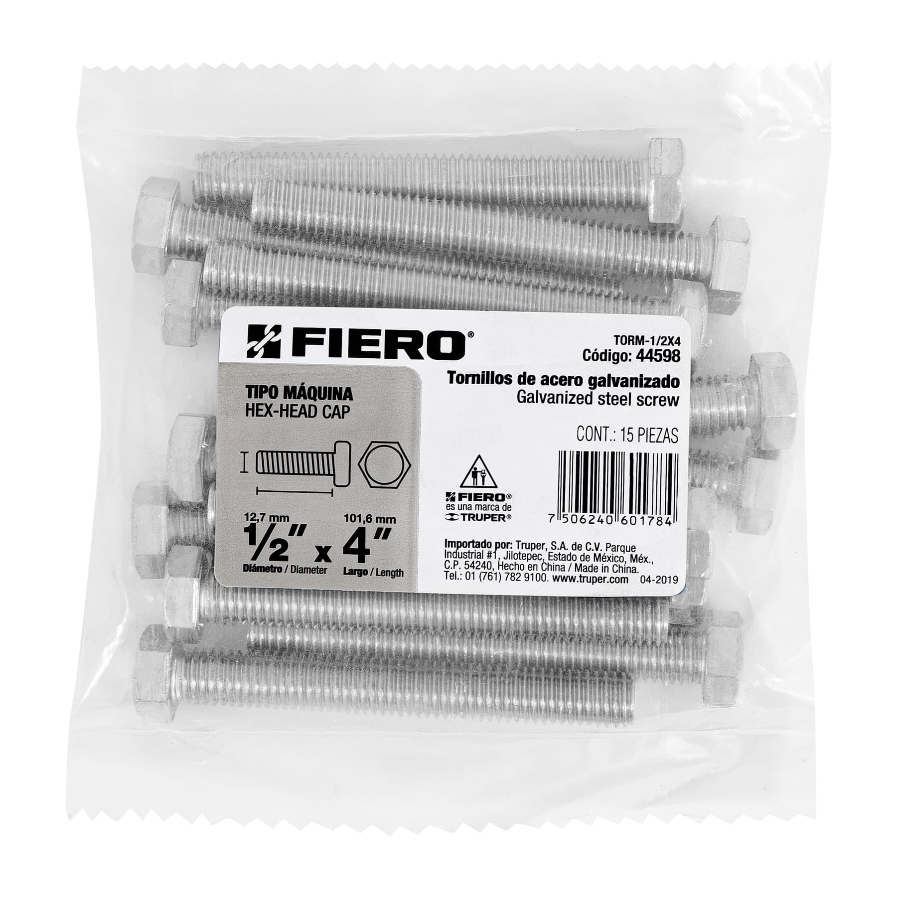 Bolsa con 15 tornillos 1/2" x 4" tipo máquina, FIERO