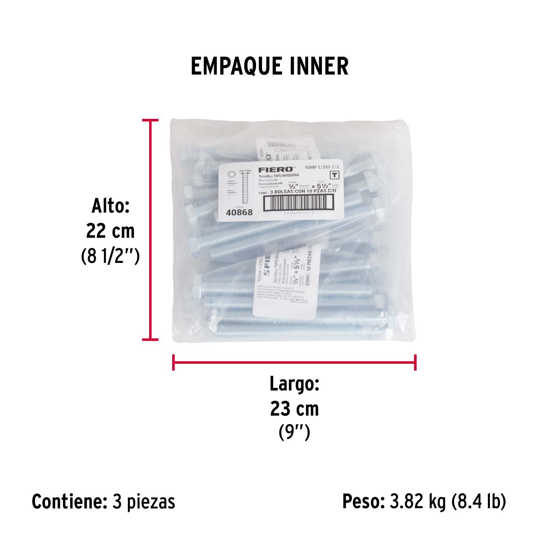 Bolsa con 10 tornillos 1/2" x 5-1/2" tipo máquina, FIERO - Empaque