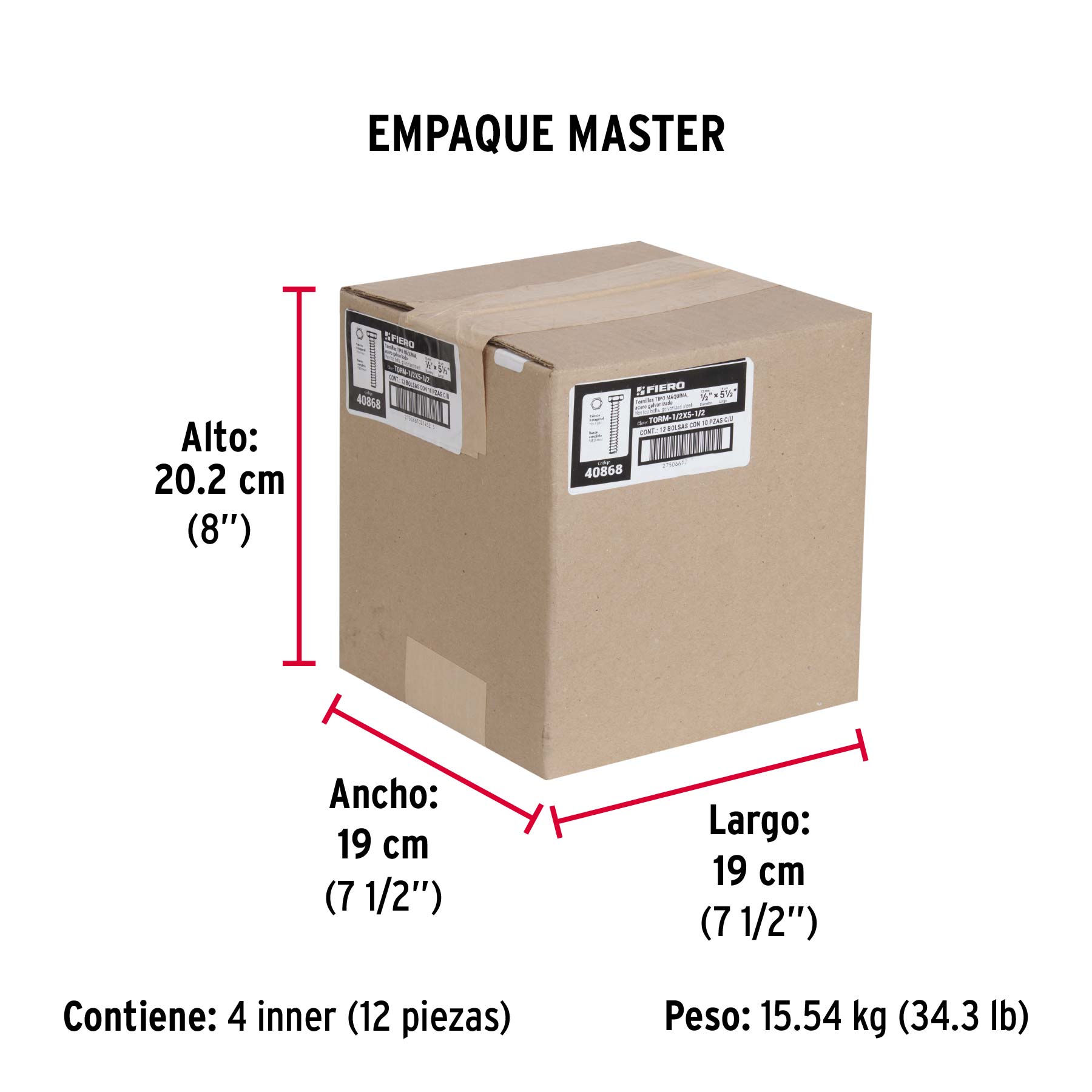 Bolsa con 10 tornillos 1/2" x 5-1/2" tipo máquina, FIERO - Empaque