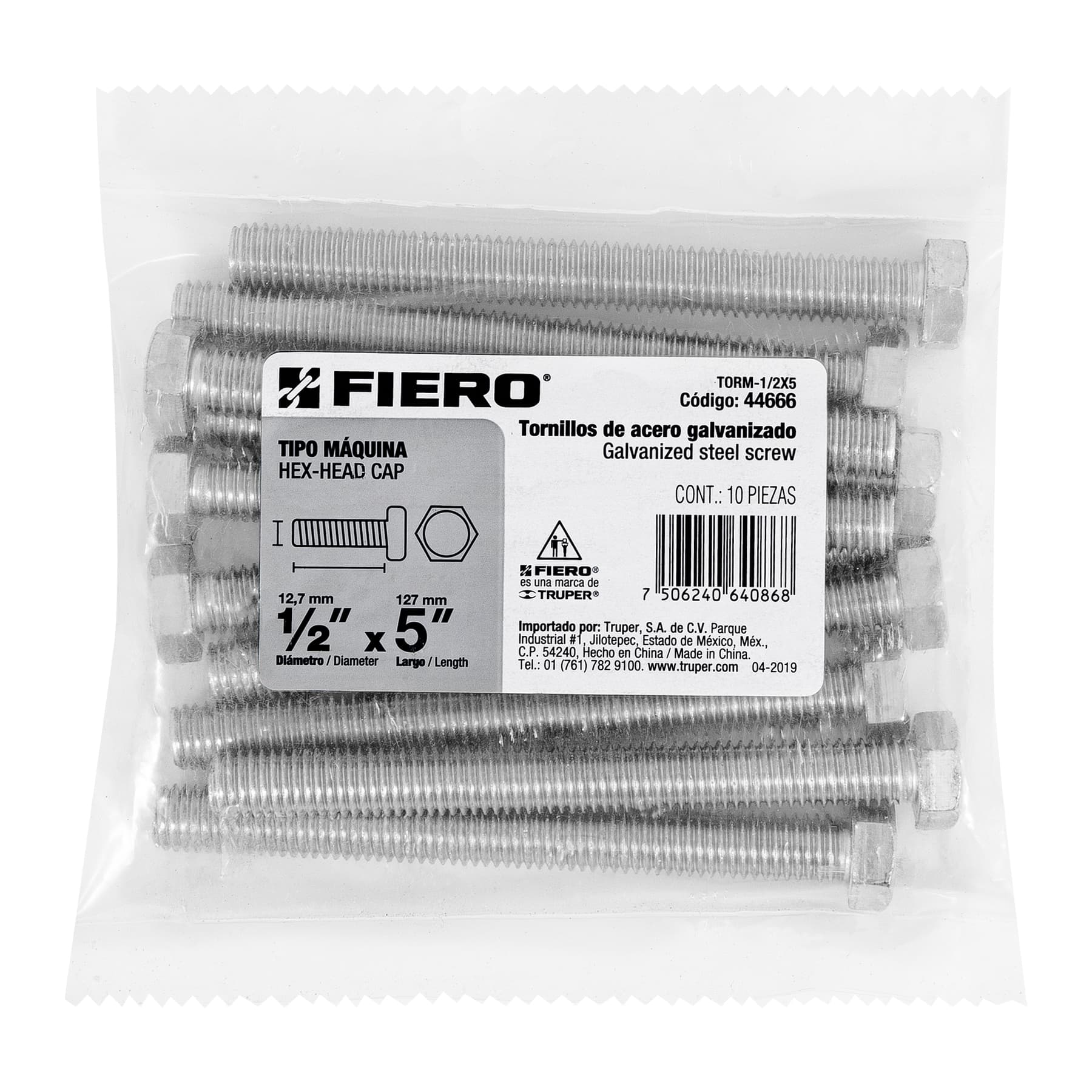 Bolsa con 10 tornillos 1/2" x 5" tipo máquina, FIERO