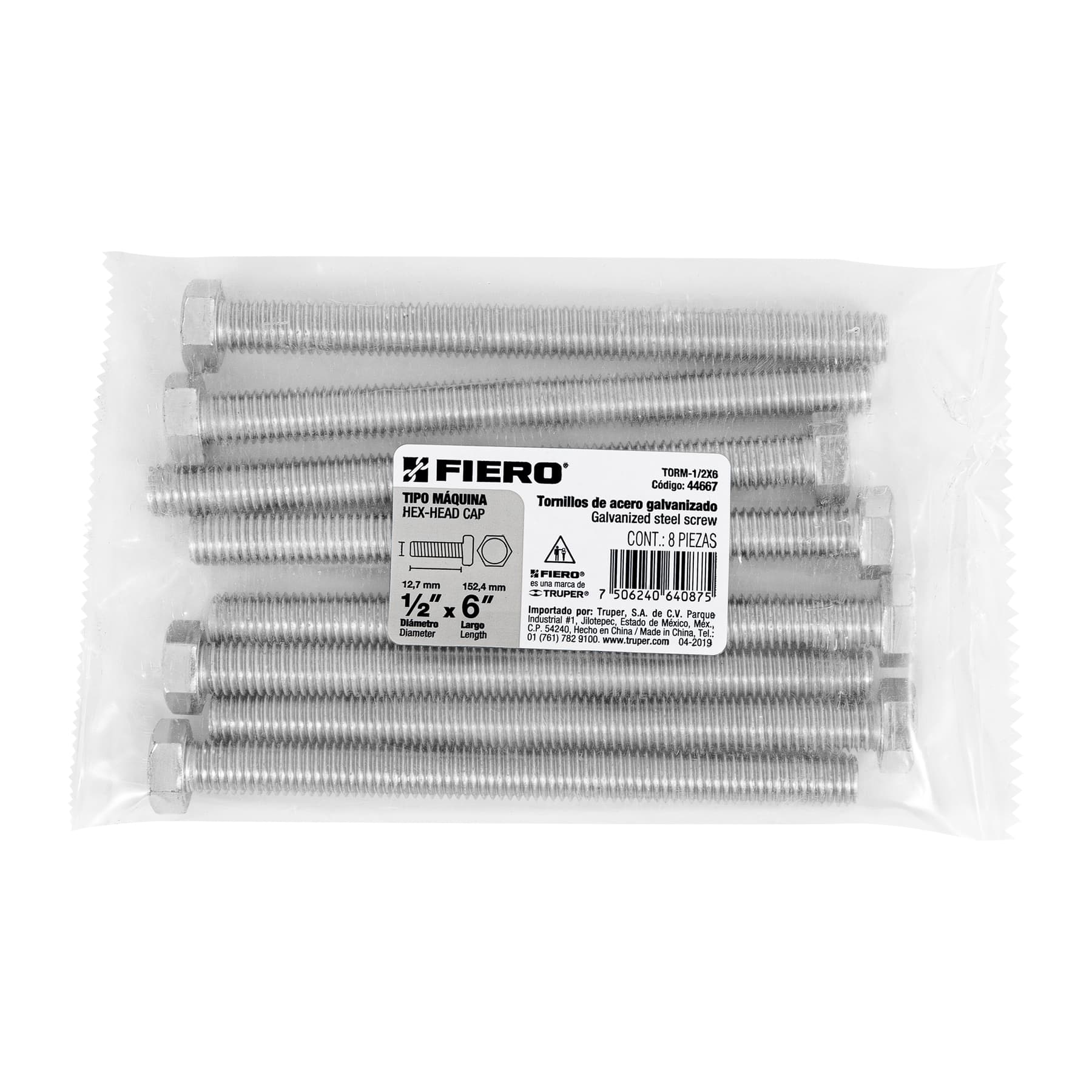 Bolsa con 8 tornillos 1/2" x 6" tipo máquina, FIERO