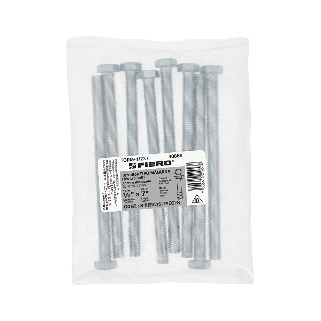 Bolsa con 8 tornillos 1/2" x 7" tipo máquina, FIERO