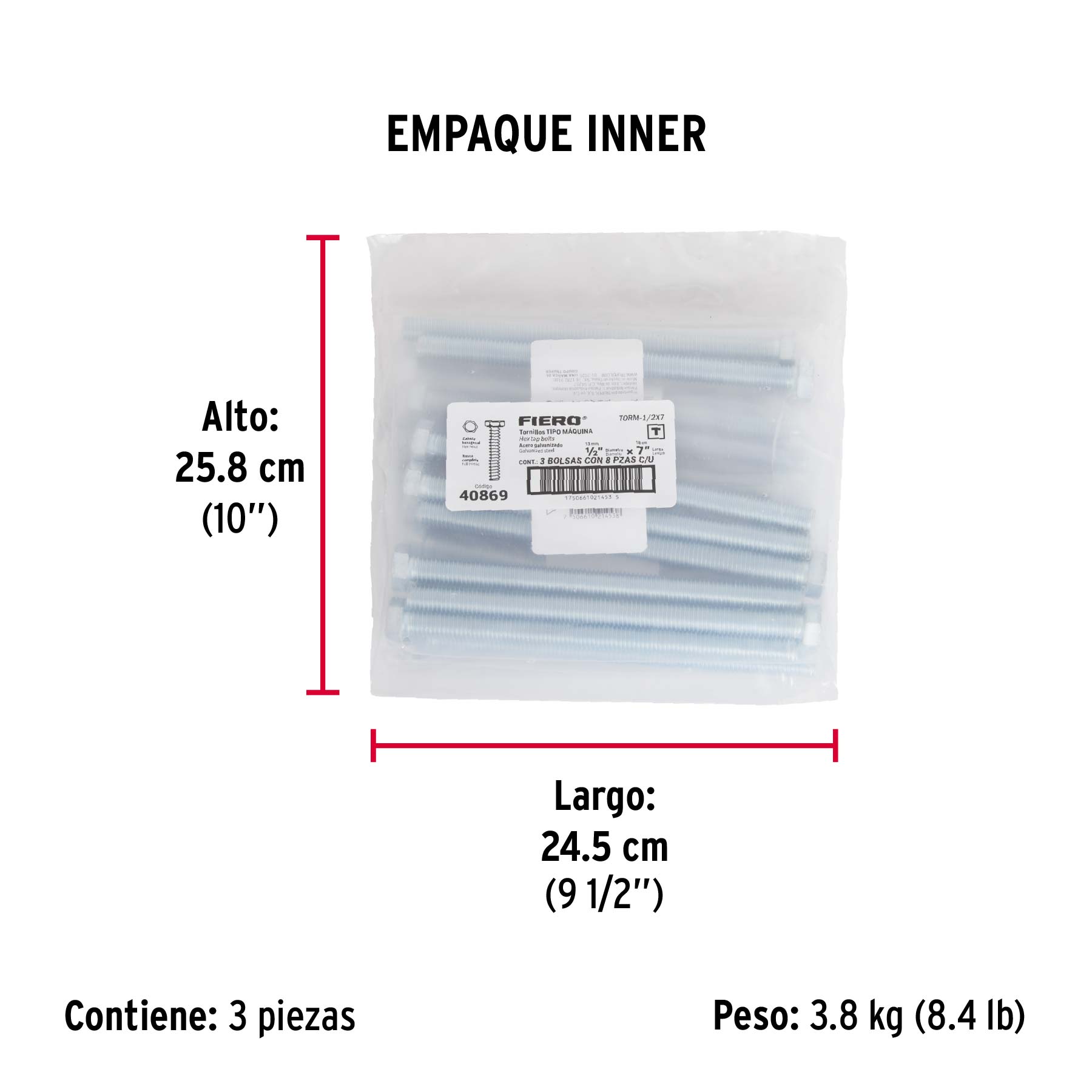 Bolsa con 8 tornillos 1/2" x 7" tipo máquina, FIERO - Empaque
