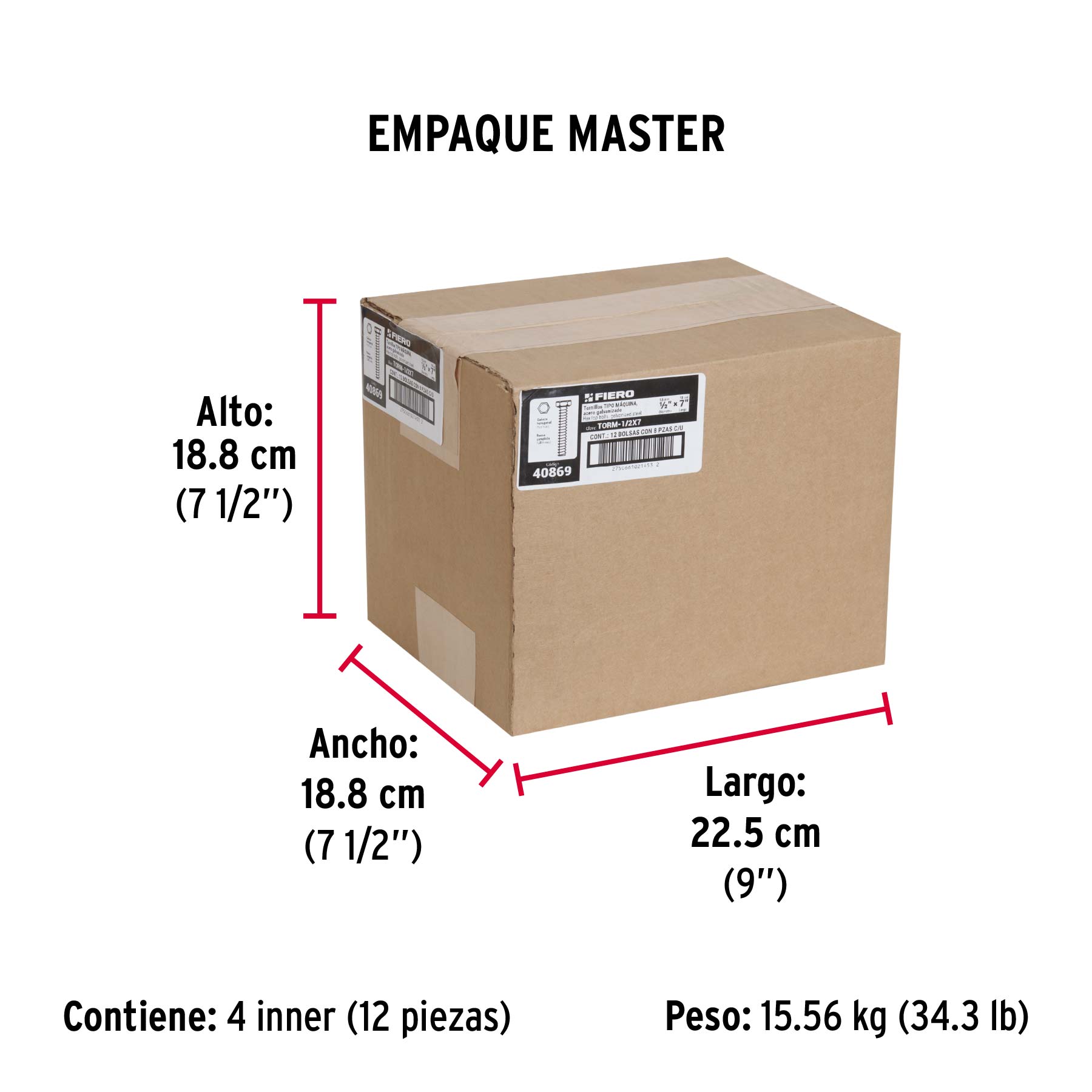 Bolsa con 8 tornillos 1/2" x 7" tipo máquina, FIERO - Empaque