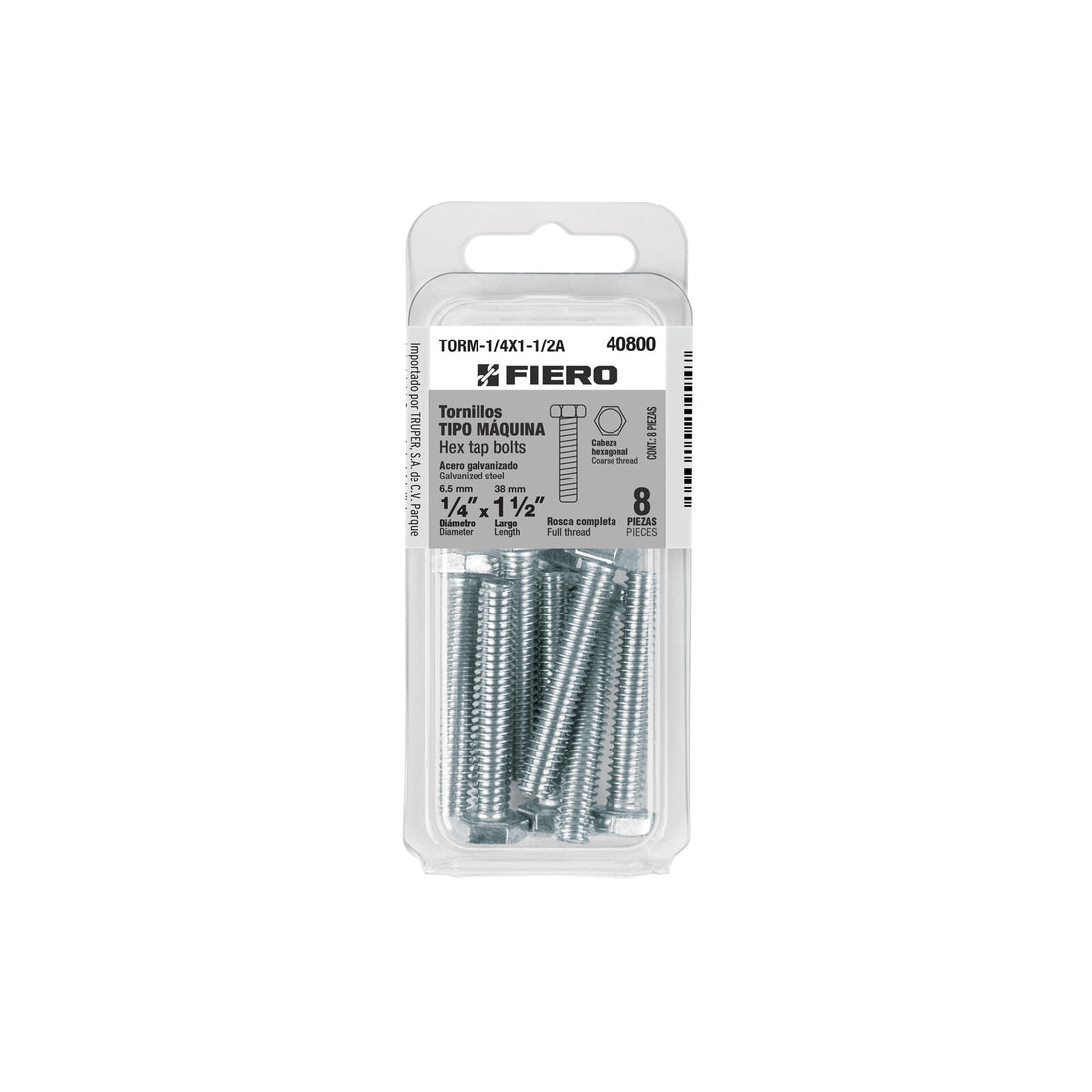 Blíster con 8 tornillos 1/4" x 1-1/2" tipo máquina, FIERO