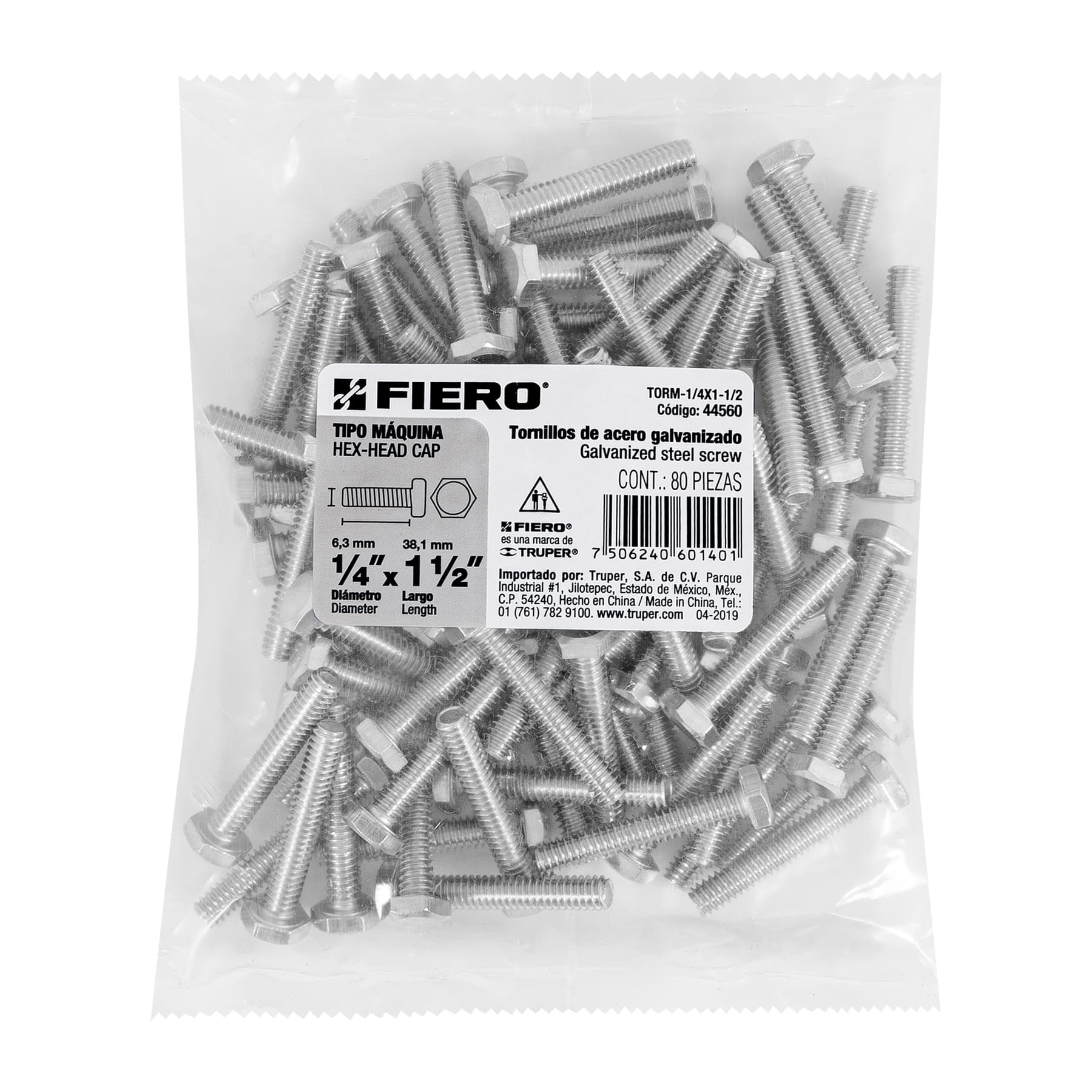 Bolsa con 80 tornillos 1/4" x 1-1/2" tipo máquina, FIERO