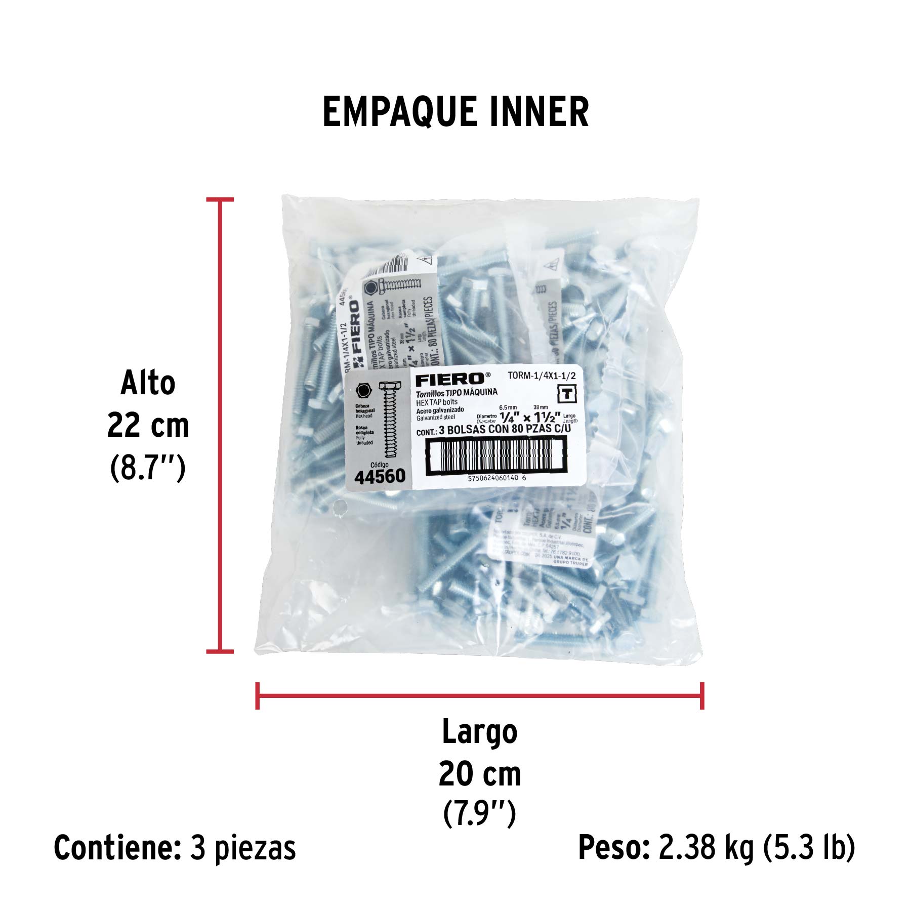 Bolsa con 80 tornillos 1/4" x 1-1/2" tipo máquina, FIERO - Empaque