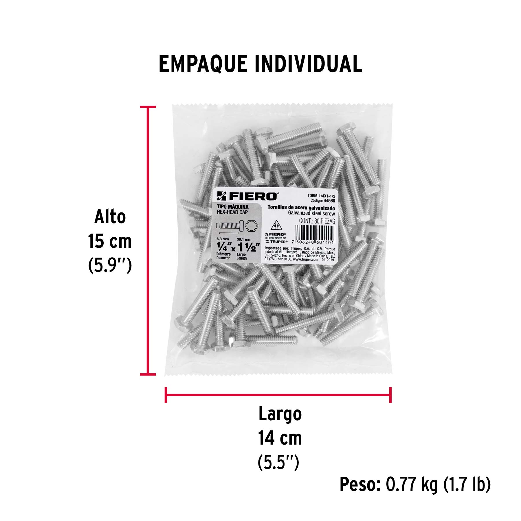 Bolsa con 80 tornillos 1/4" x 1-1/2" tipo máquina, FIERO - Empaque
