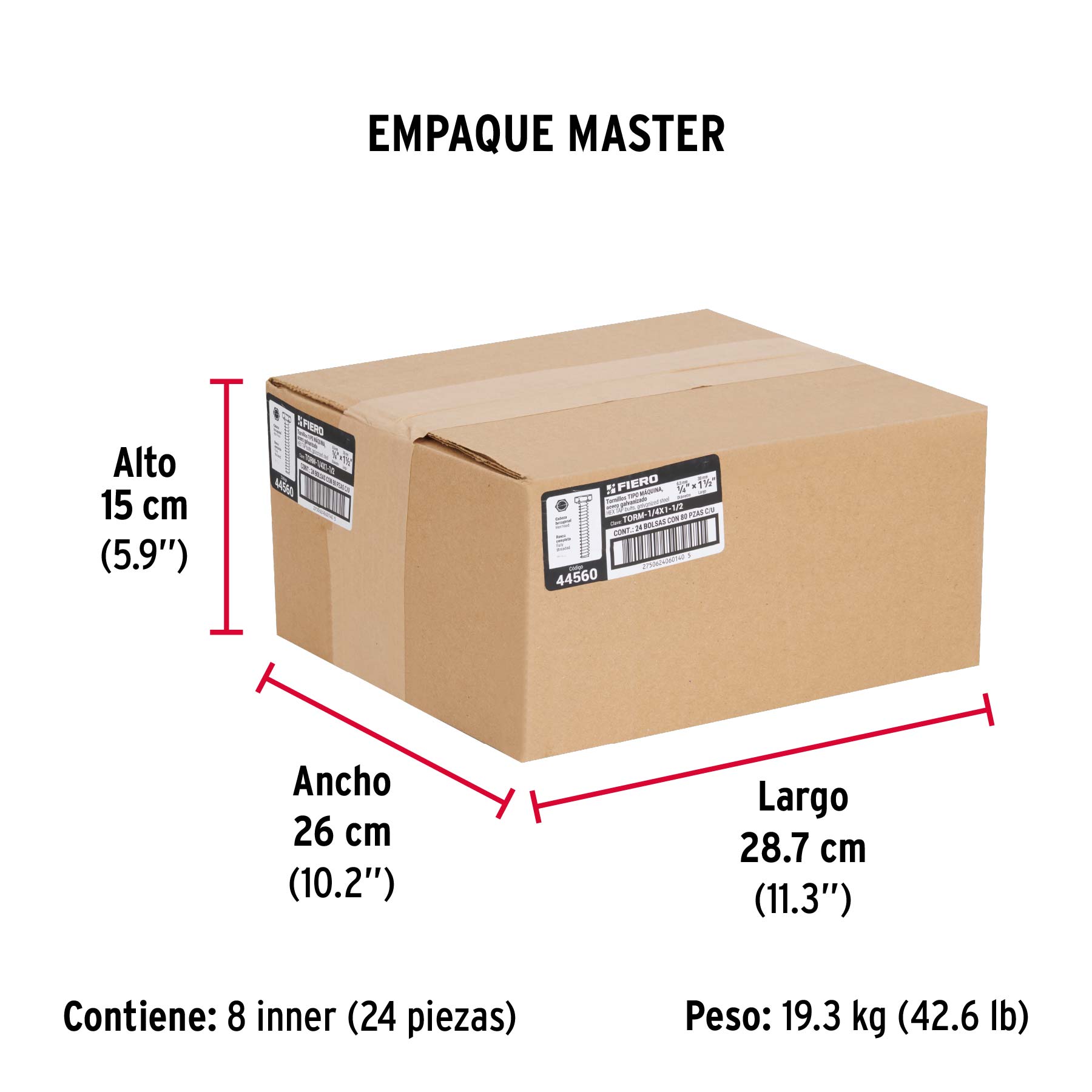 Bolsa con 80 tornillos 1/4" x 1-1/2" tipo máquina, FIERO - Empaque