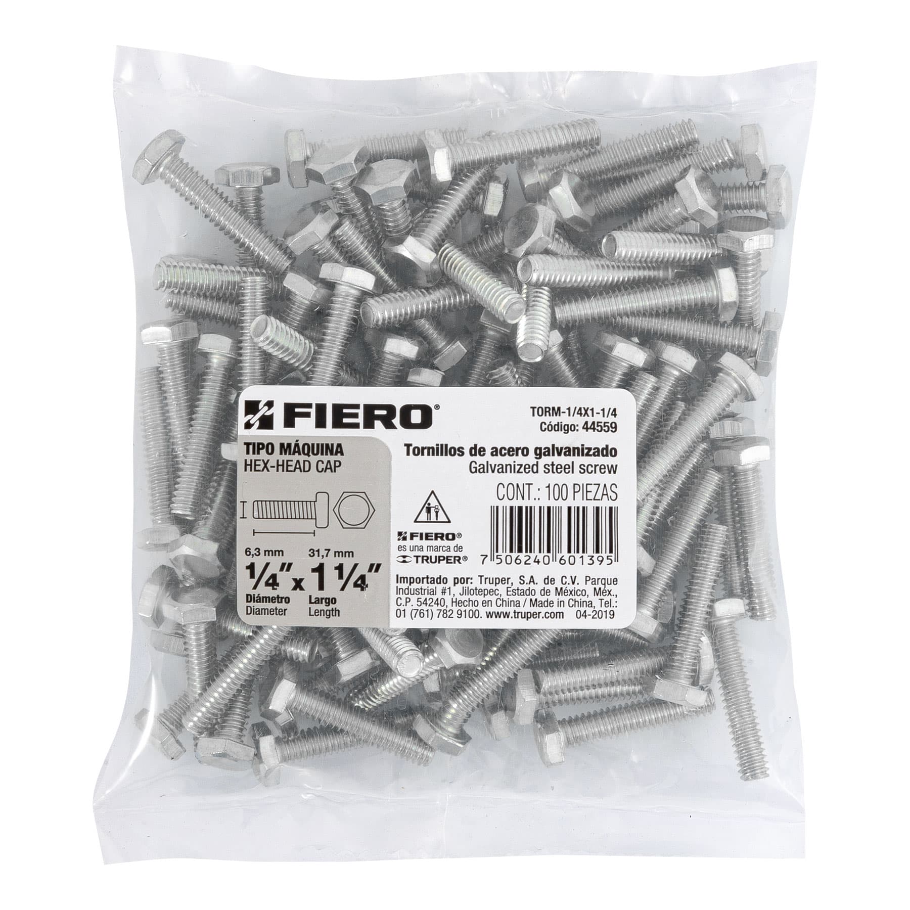 Bolsa con 100 tornillos 1/4" x 1-1/4" tipo máquina, FIERO