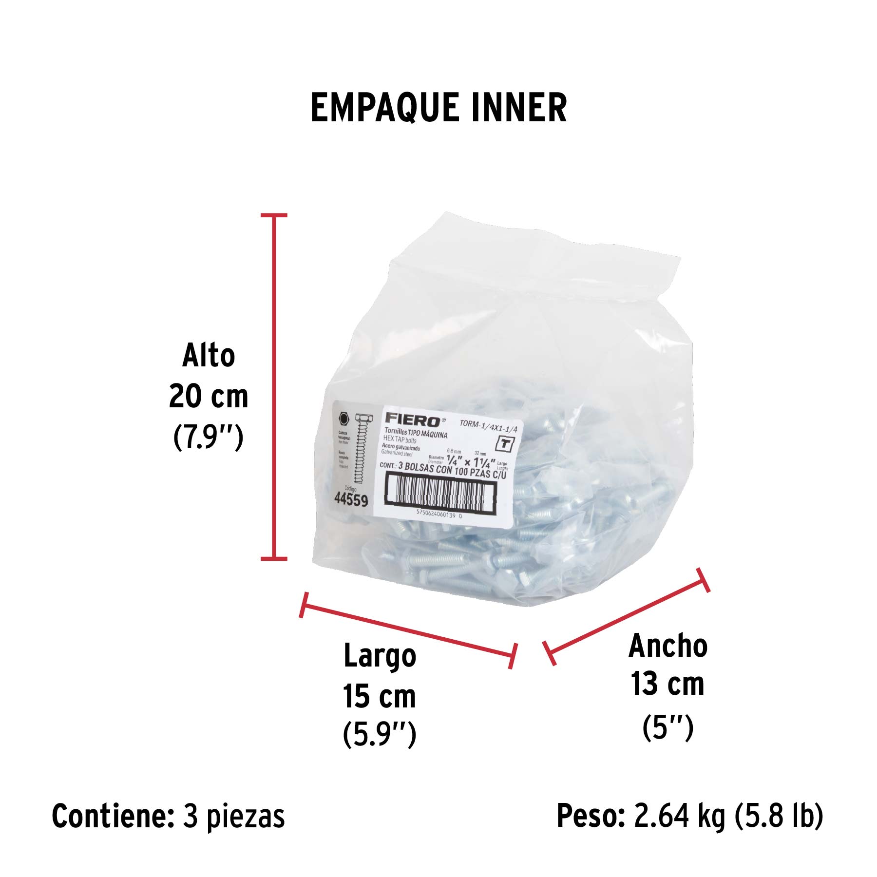 Bolsa con 100 tornillos 1/4" x 1-1/4" tipo máquina, FIERO - Empaque