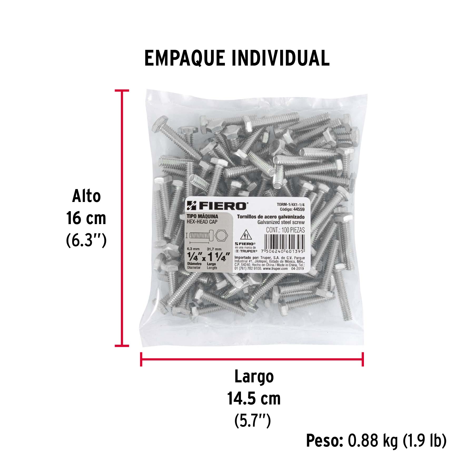Bolsa con 100 tornillos 1/4" x 1-1/4" tipo máquina, FIERO - Empaque